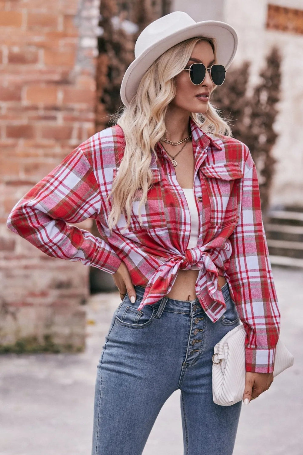 Long sleeve shirt, plaid, collared, pocketed, buttoned, oversized, drop shoulder, no stretch, many colors, front view