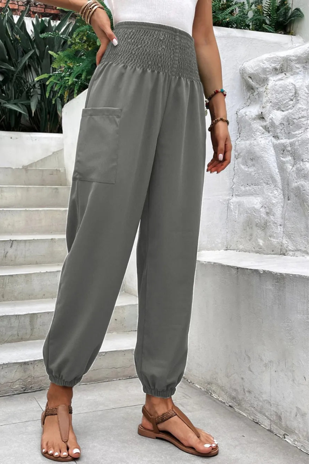 Joggers, high-waist, no drawstring, shirred, pocketed, opaque, slightly stretchy front view