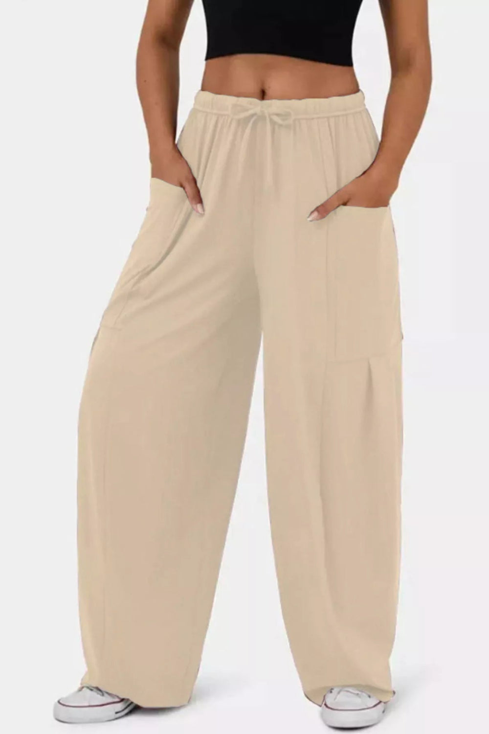 Pants, wide leg, drawstring waist, high-waist, pocketed, pleated at pockets, long, stretchy, front view
