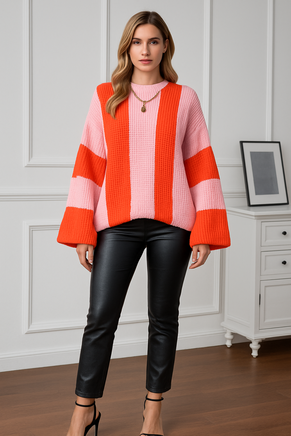 Sweater, pullover, long sleeve, round neck, drop shoulder, waffle knit, oversized, stretchy, front view