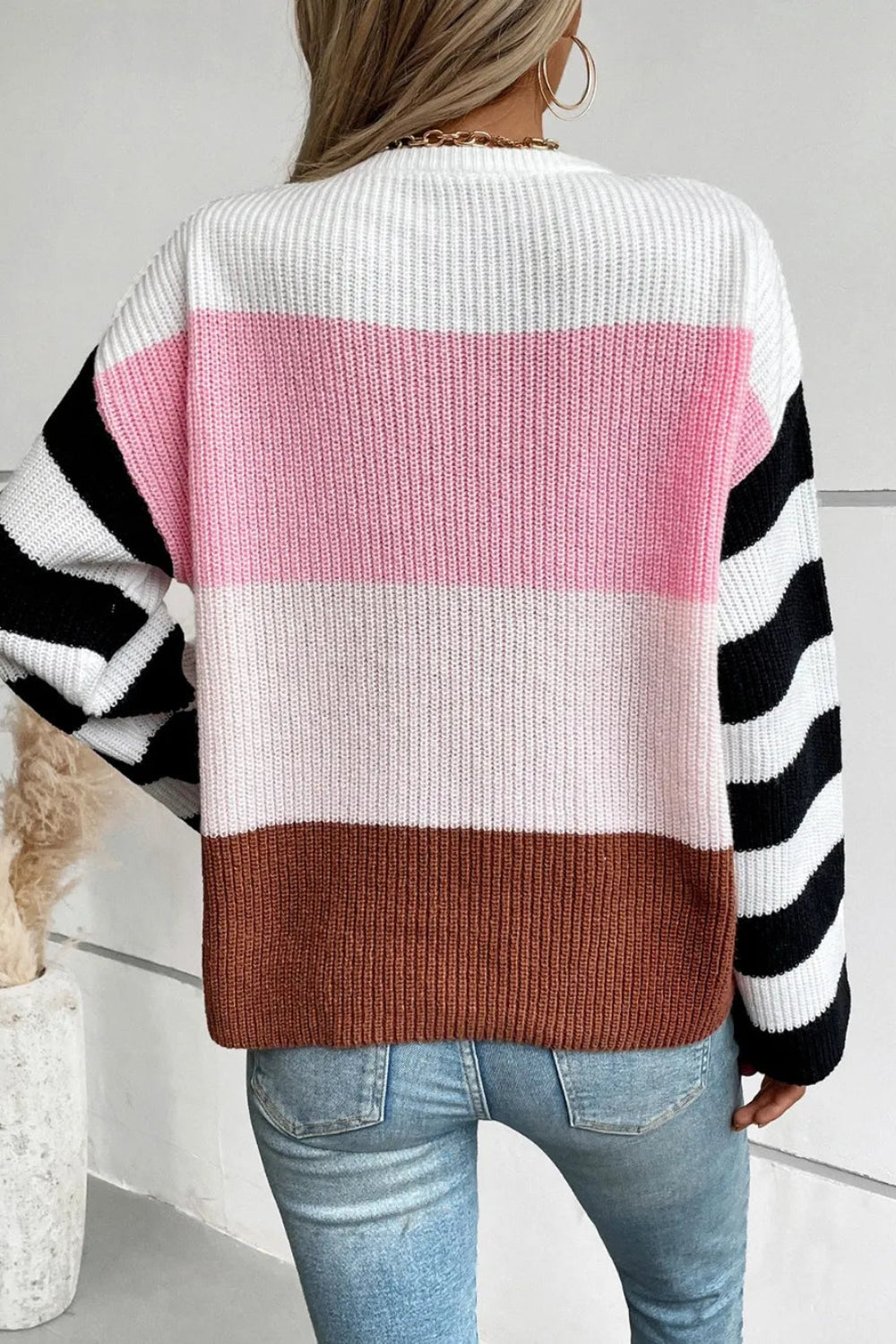 Sweater, long sleeve, pullover, round neck, long sleeves, ribbed, drop shoulder, striped, wide sleeves, stretchy, back view
