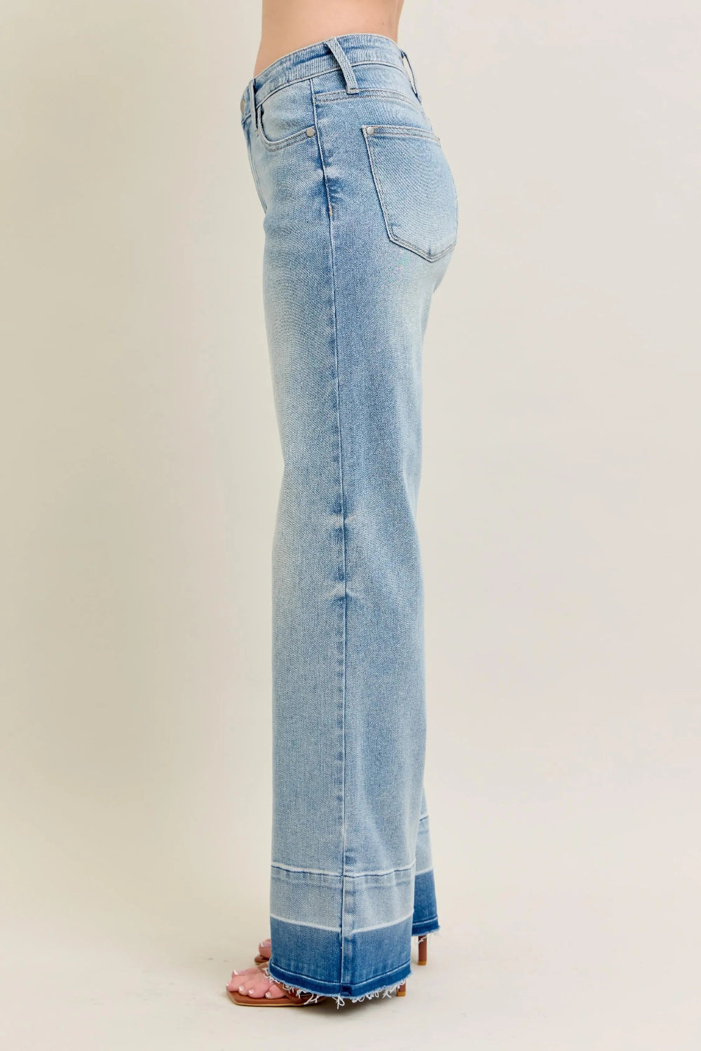 JUDY BLUE FULL-SIZE MID-RISE RELEASE HEM WIDE LEG JEANS