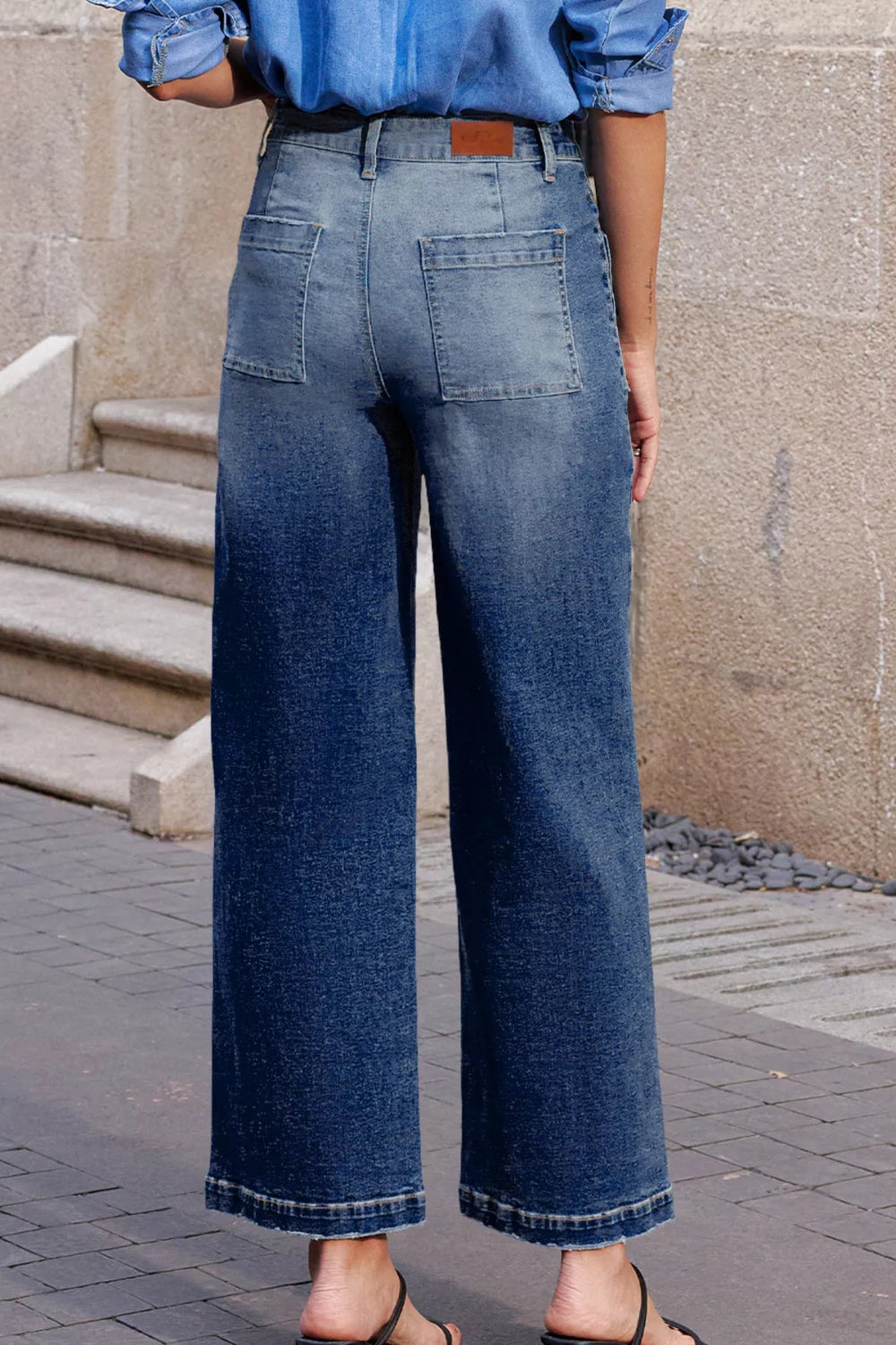 Jeans, high-waist, patch pocket, straight leg, raw hem, pocketed, belt loops, button/zipper closure, vintage wash, some stretch, back view