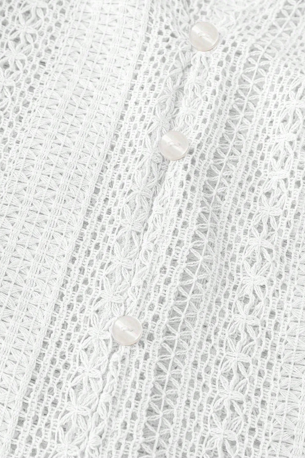 Shirt, long sleeve, crochet, ruffled v-neck, buttoned, unlined, slightly stretchy, close up view