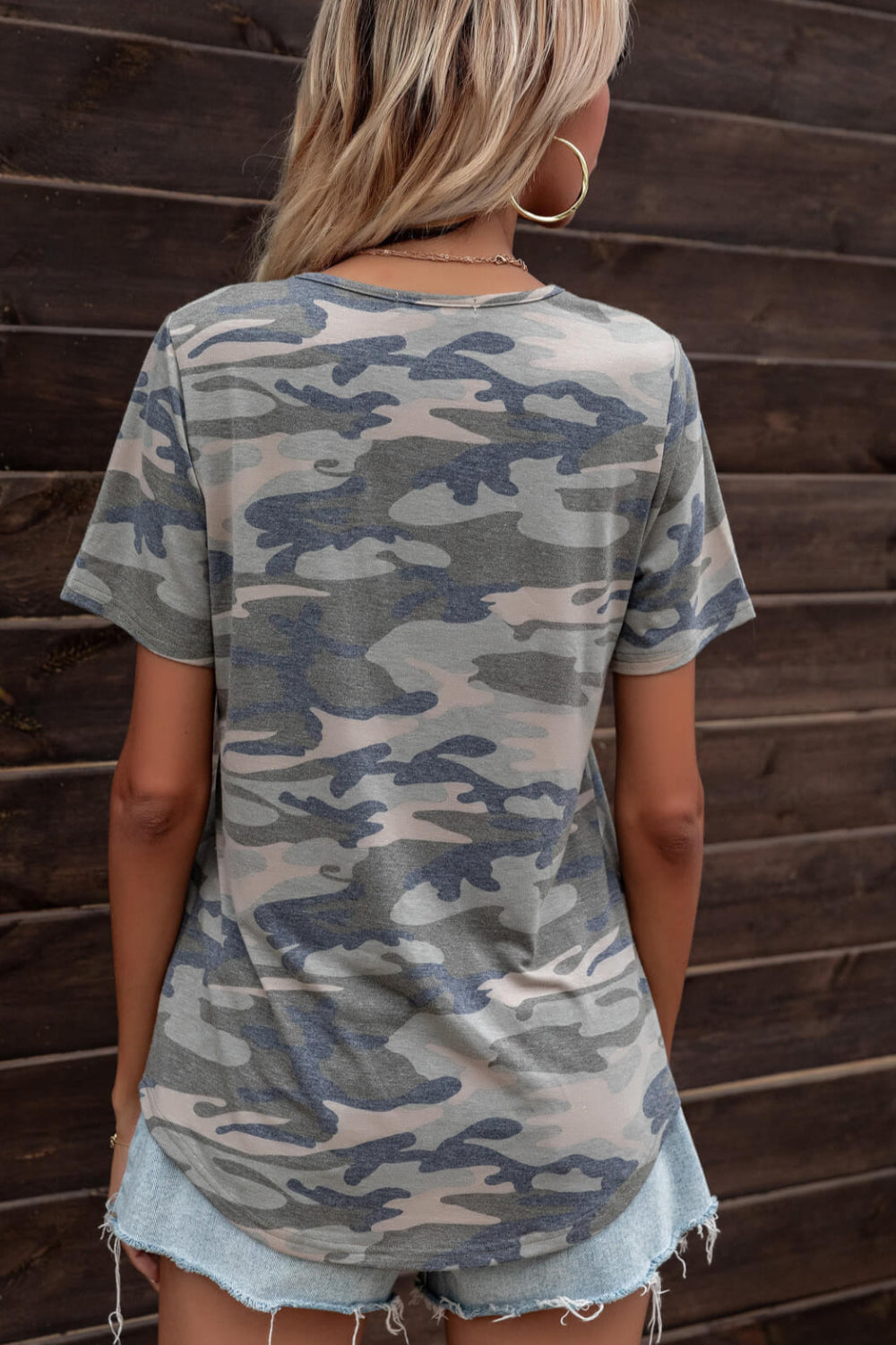 polka dot, leopard print v-neck, camouflage, front pocket, short sleeve, highly stretchy, unlined t-shirt back view