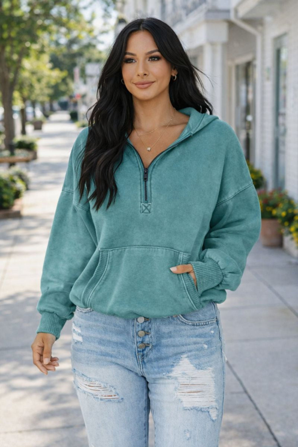 hoodie, half-zip, long sleeve, drop shoulder, kangaroo pocket, corded drawstring, ribbed, medium length, no stretch, front view