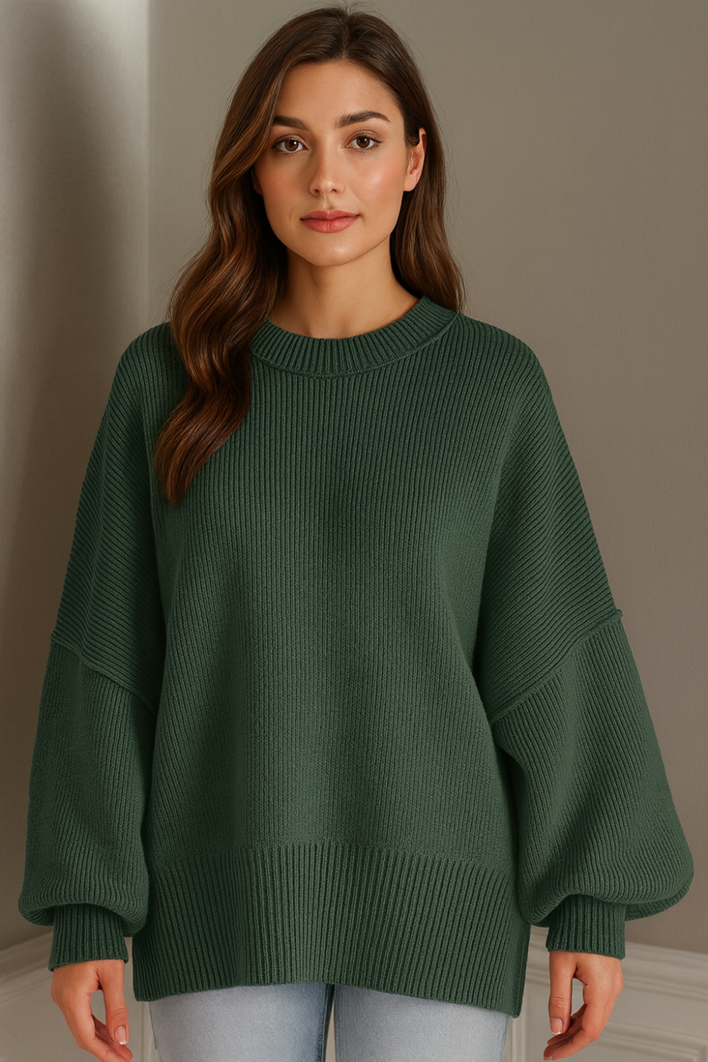 Sweater, oversized, drop shoulder, round neck, exposed seam, long, side slit, ribbed, stretchy front view
