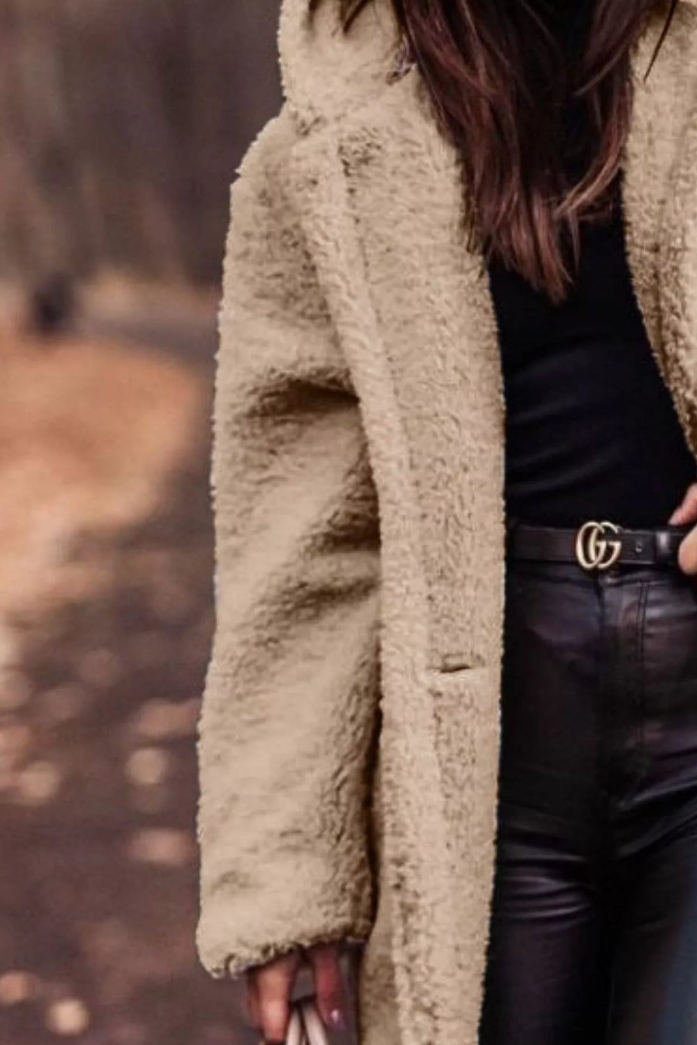 coat, longline, lined, hooded, buttoned, pocketed, thick, oversized, slightly stretchy, close up view