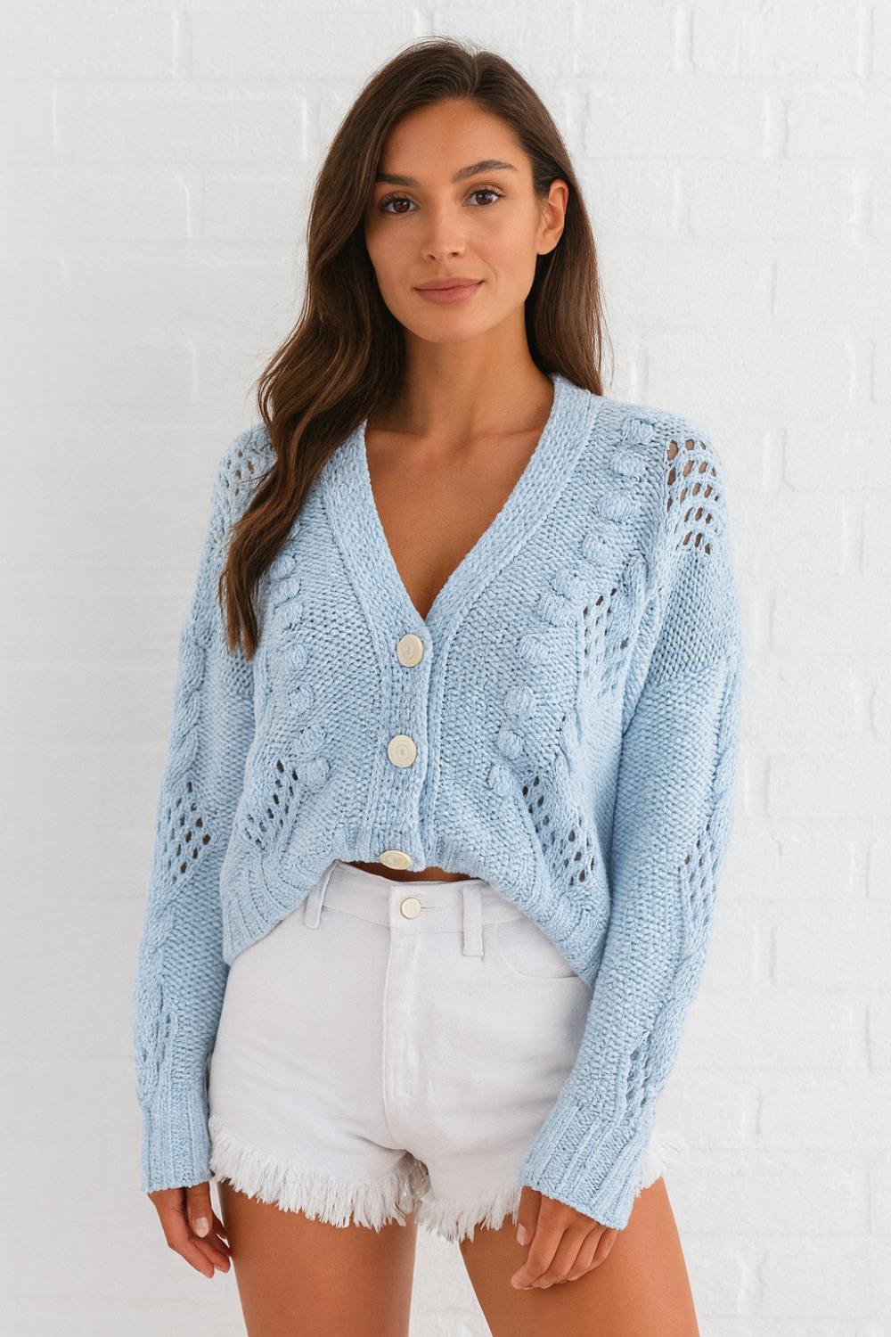 Cardigan, long sleeve, drop shoulder, openwork, cable knit, v-neck, buttoned, no stretch front view