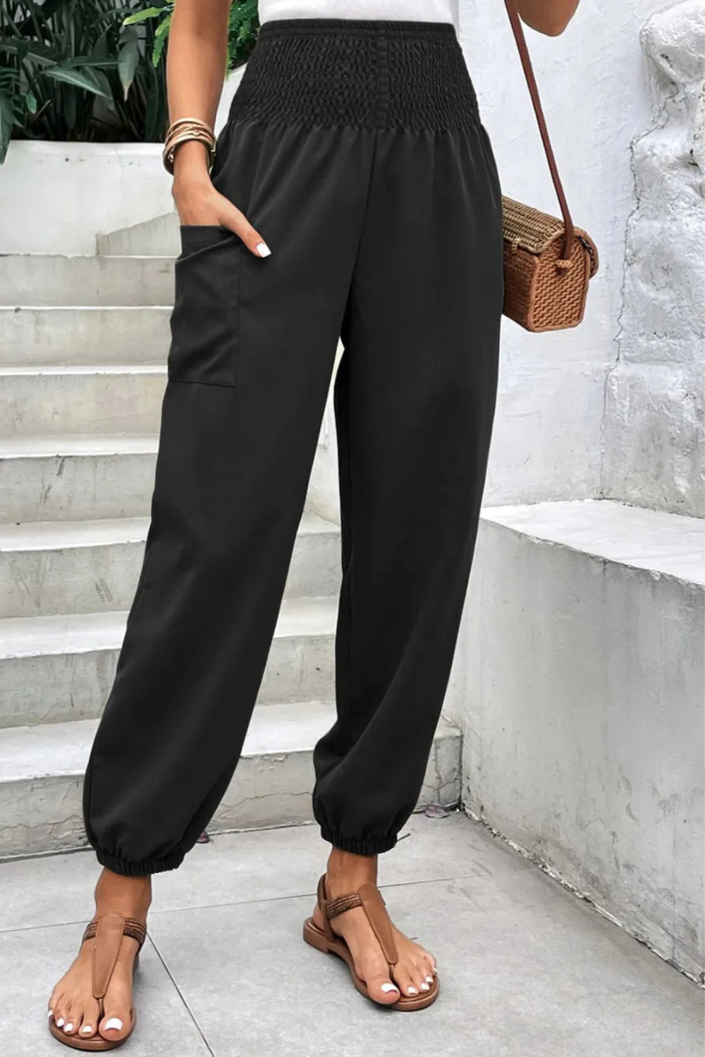 Joggers, high-waist, no drawstring, shirred, pocketed, opaque, slightly stretchy front view