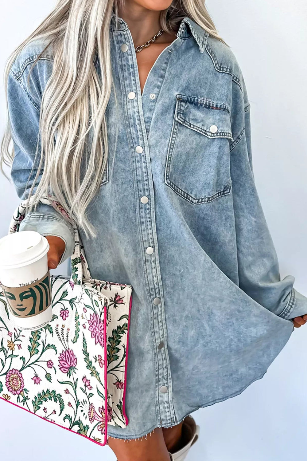 Mini dress, denim, long sleeve, drop sleeve, snaps, front patch pockets, collared neck, a-line, no stretch, front view
