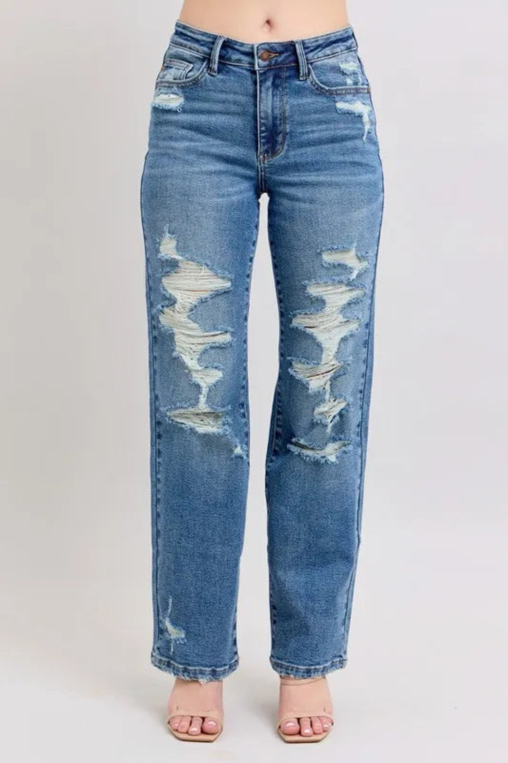 Judy Blue Jeans, full-size, high-rise, distressed, straight leg, pocketed, button and zipper closure, slightly stretchy, front view