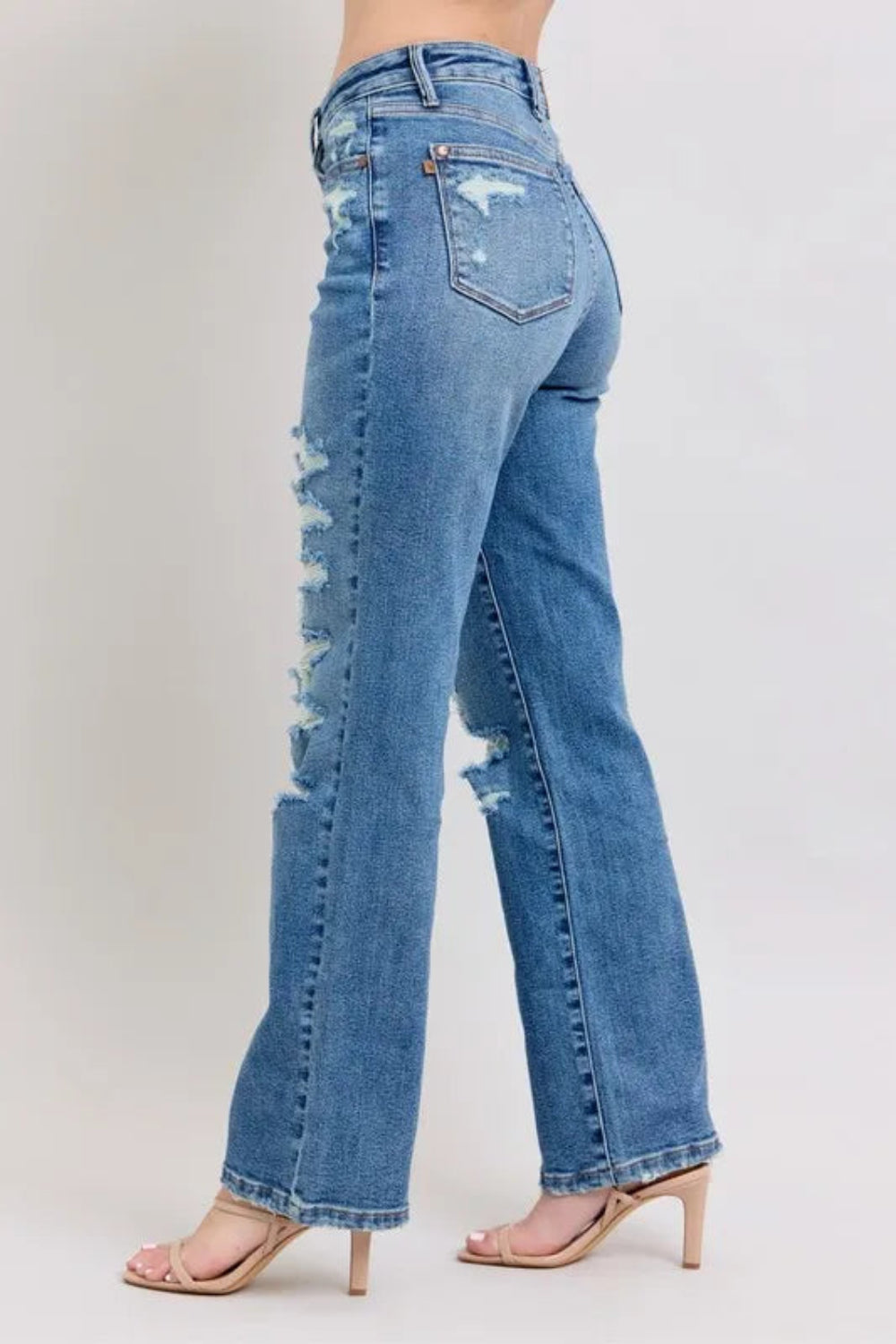Judy Blue Jeans, full-size, high-rise, distressed, straight leg, pocketed, button and zipper closure, slightly stretchy, side view