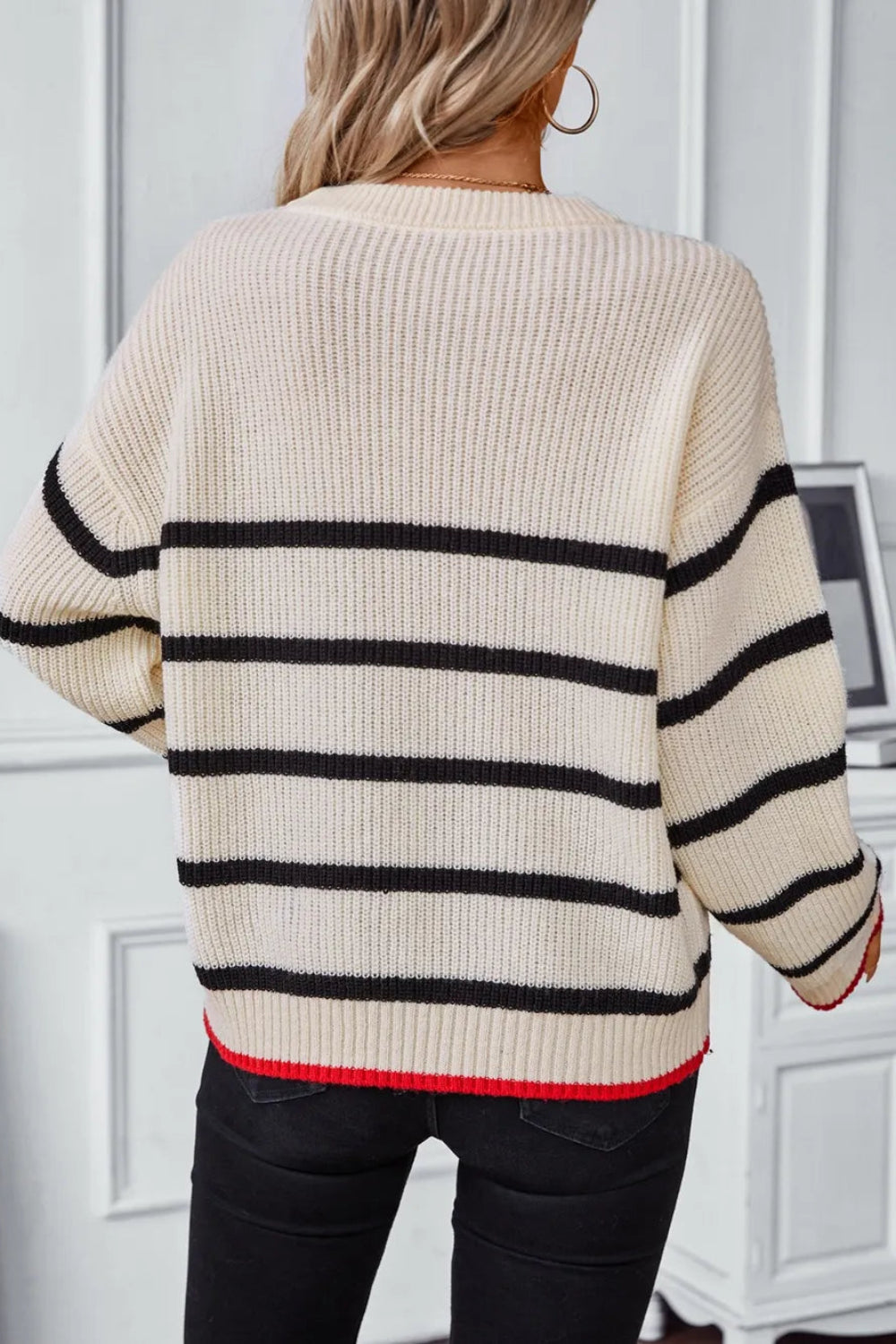 Sweater, pullover, round neck, ribbed knit, drop shoulder, long sleeve, contrast trim, slightly stretchy, back view