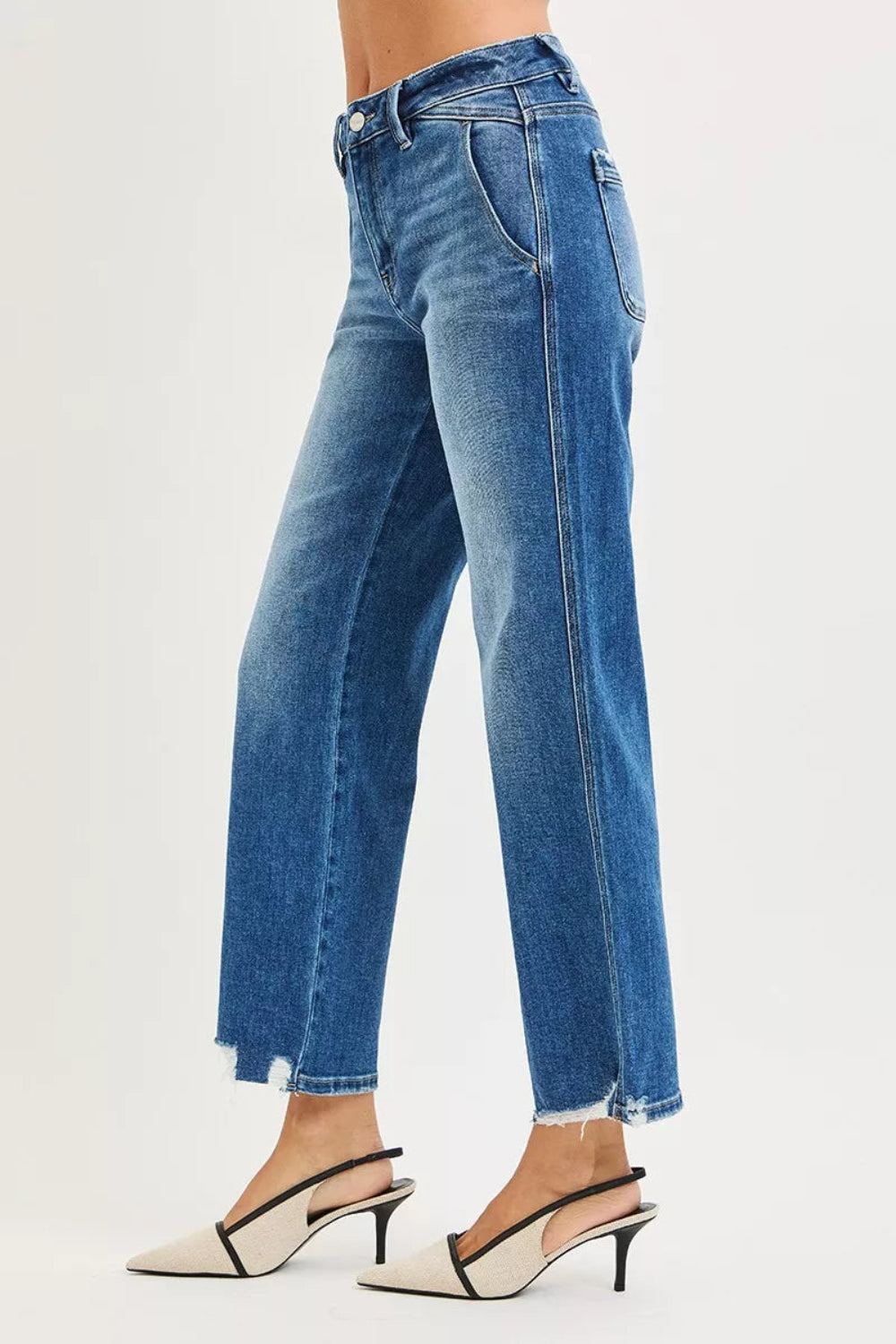 Risen Jeans, high-rise, distressed, raw hem, straight leg, ankle length, pocketed, belt loops, button/zipper closure, dark wash, slightly stretchy, side view