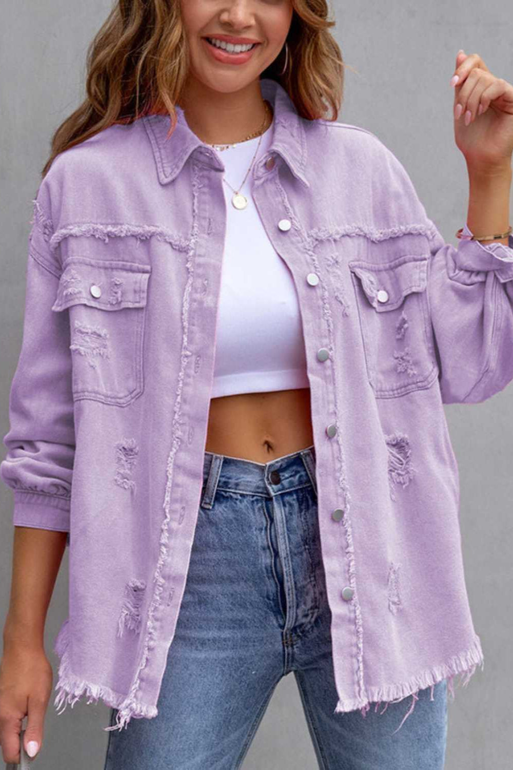 denim jacket, long sleeve, collared, buttoned, buttoned front patch pockets, distressed, fringed/raw hem, no stretch, multiple colors, front view