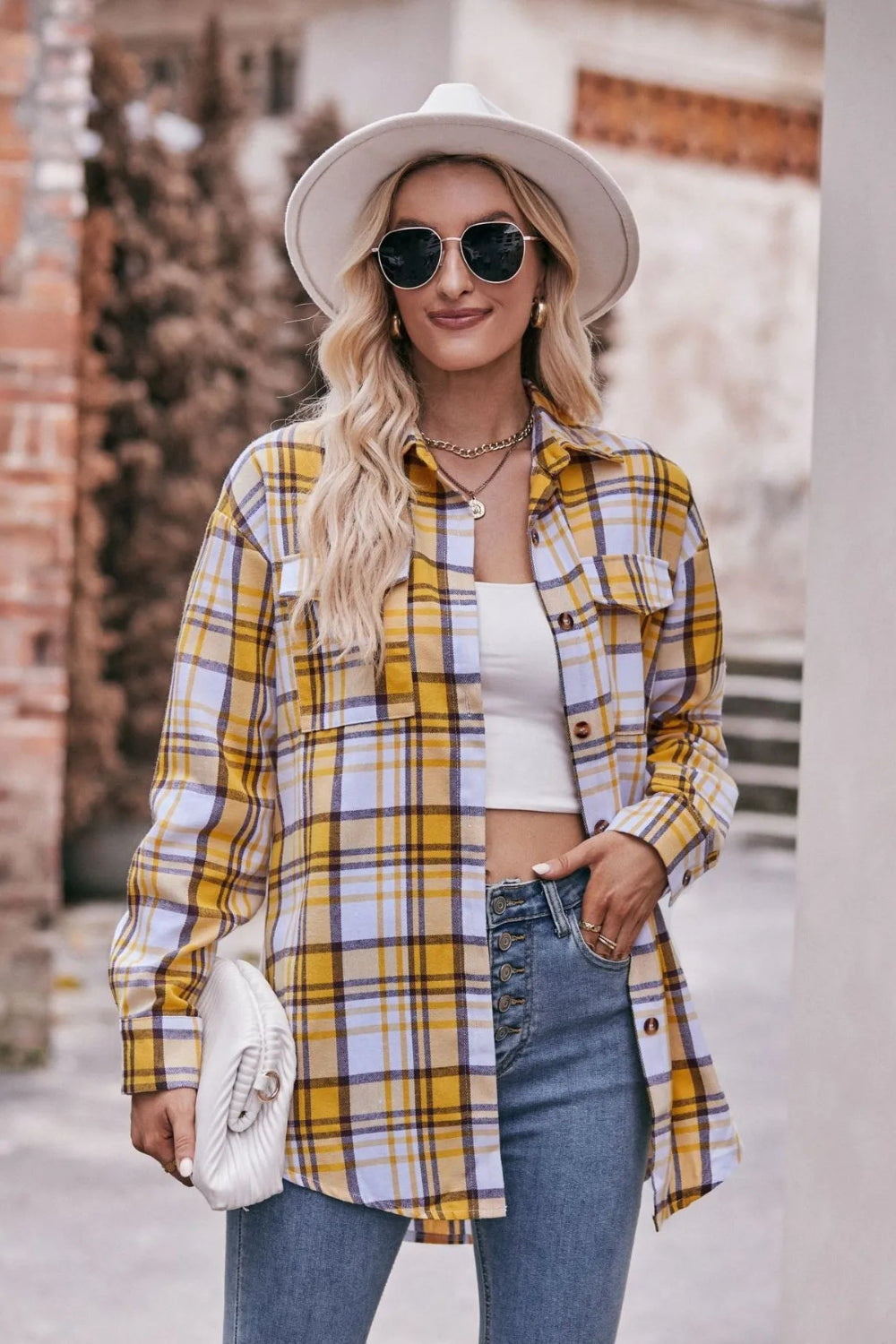 Long sleeve shirt, plaid, collared, pocketed, buttoned, oversized, drop shoulder, no stretch, many colors, front view