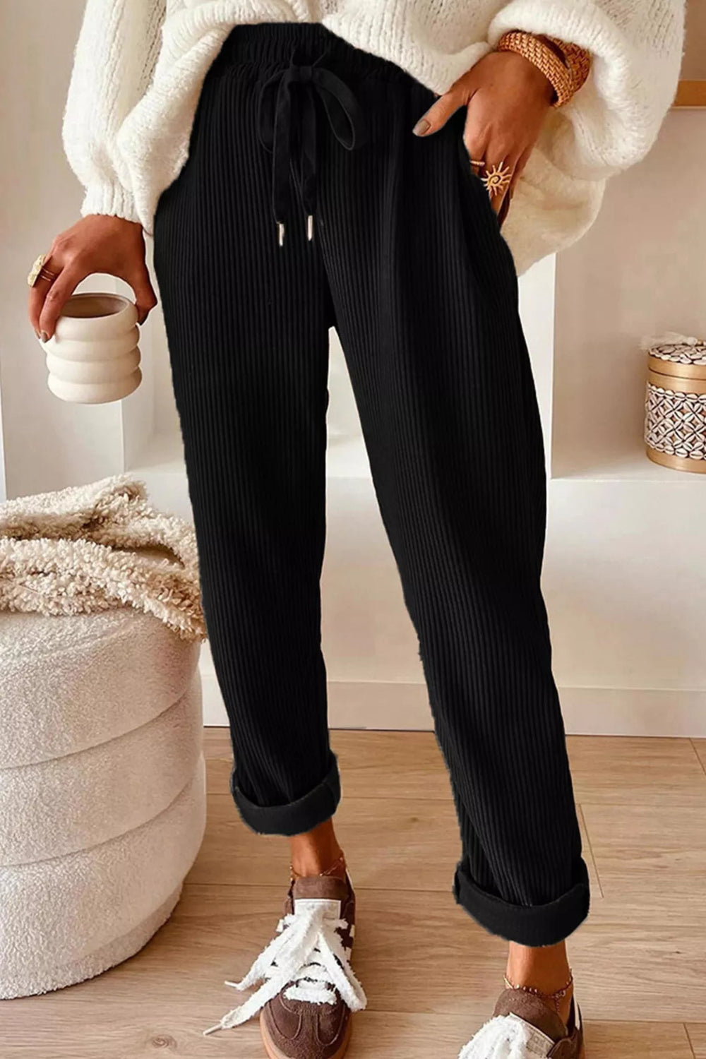 Pants, corduroy, drawstring, pocketed, elastic waist, high-rise, straight leg, no stretch, front view