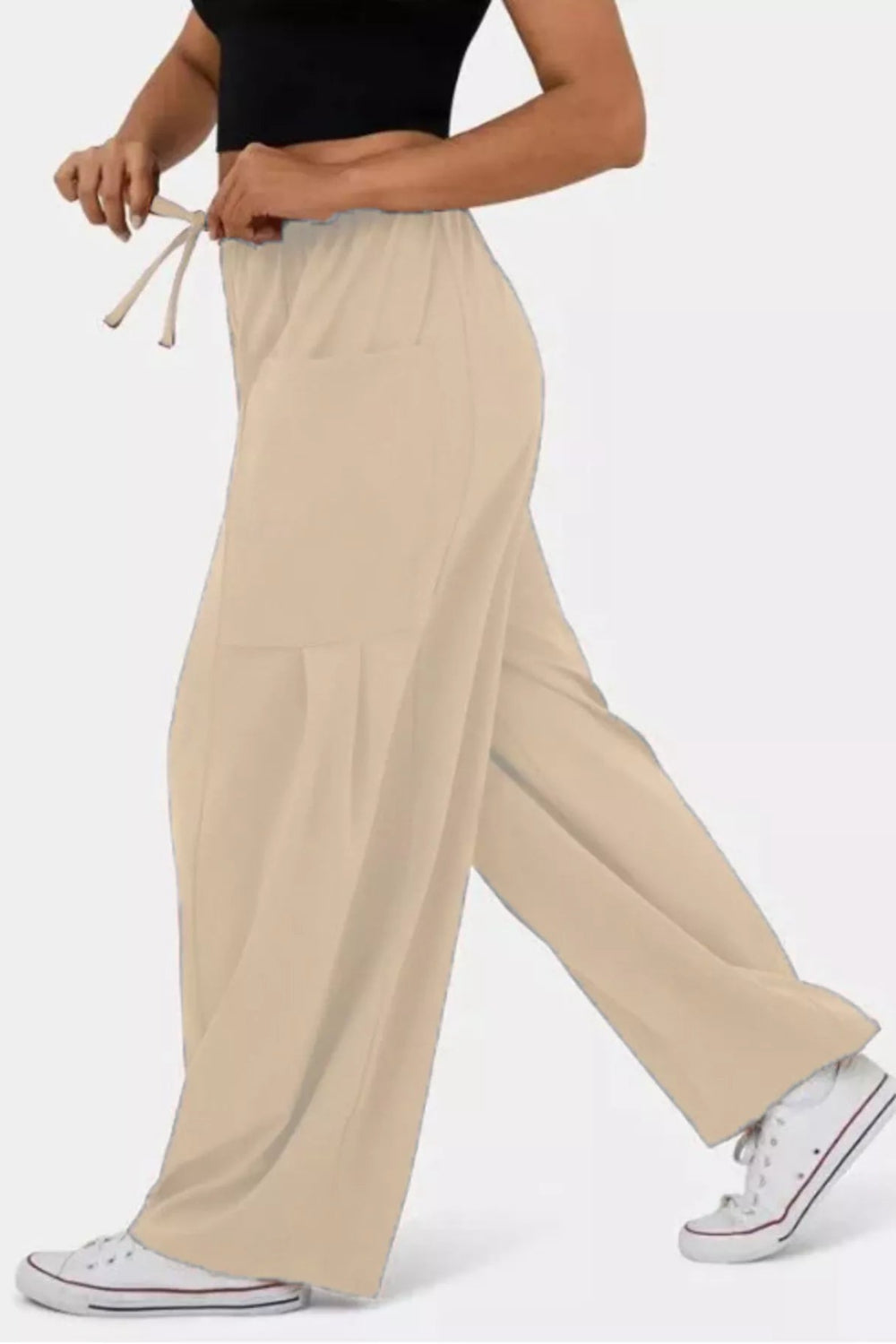 Pants, wide leg, drawstring waist, high-waist, pocketed, pleated at pockets, long, stretchy, side view