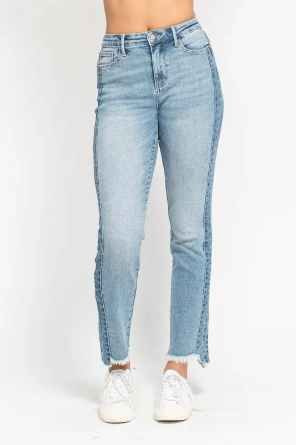 Judy Blue Jeans, full-size, vintage wash, frayed hem, side panel detailing, slim fit, 5-pocket detailing, belt looped, button/zipper closure, slightly stretchy, front view