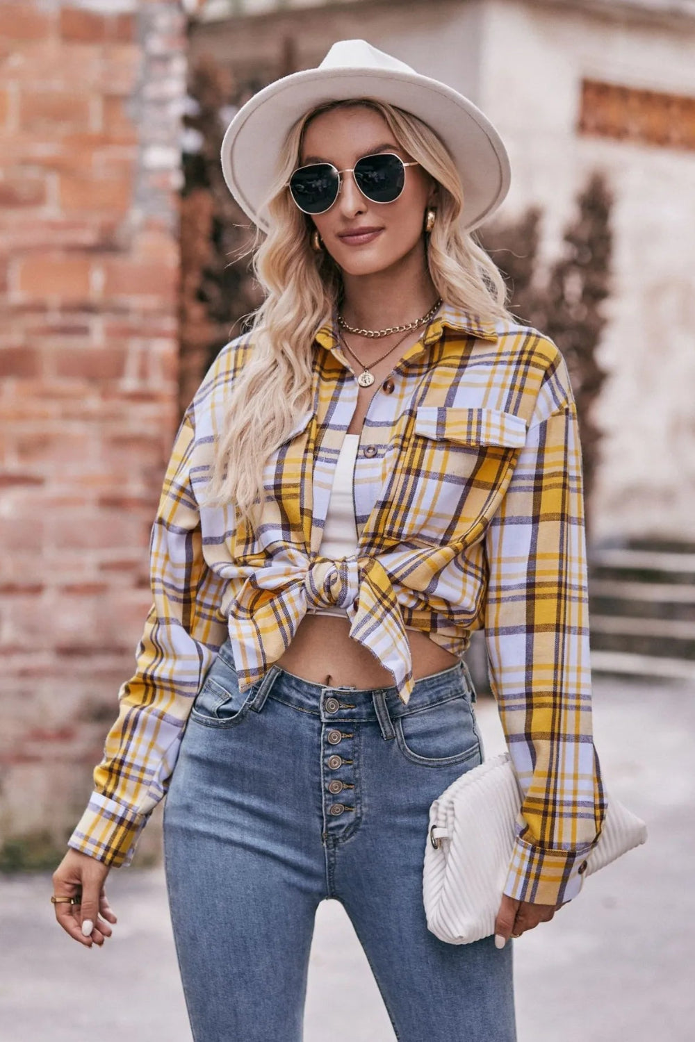 Long sleeve shirt, plaid, collared, pocketed, buttoned, oversized, drop shoulder, no stretch, many colors, front view