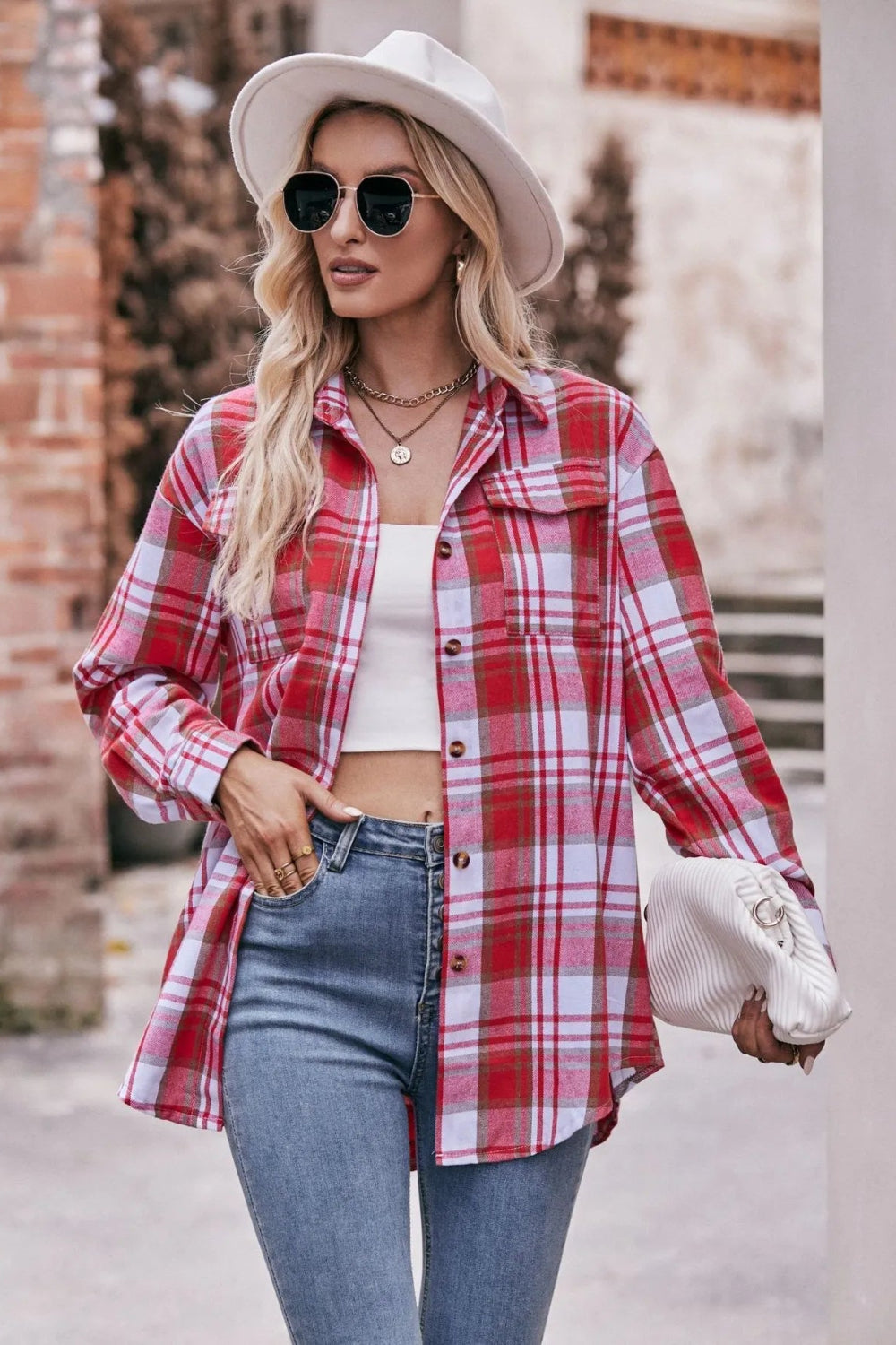 Long sleeve shirt, plaid, collared, pocketed, buttoned, oversized, drop shoulder, no stretch, many colors, front view