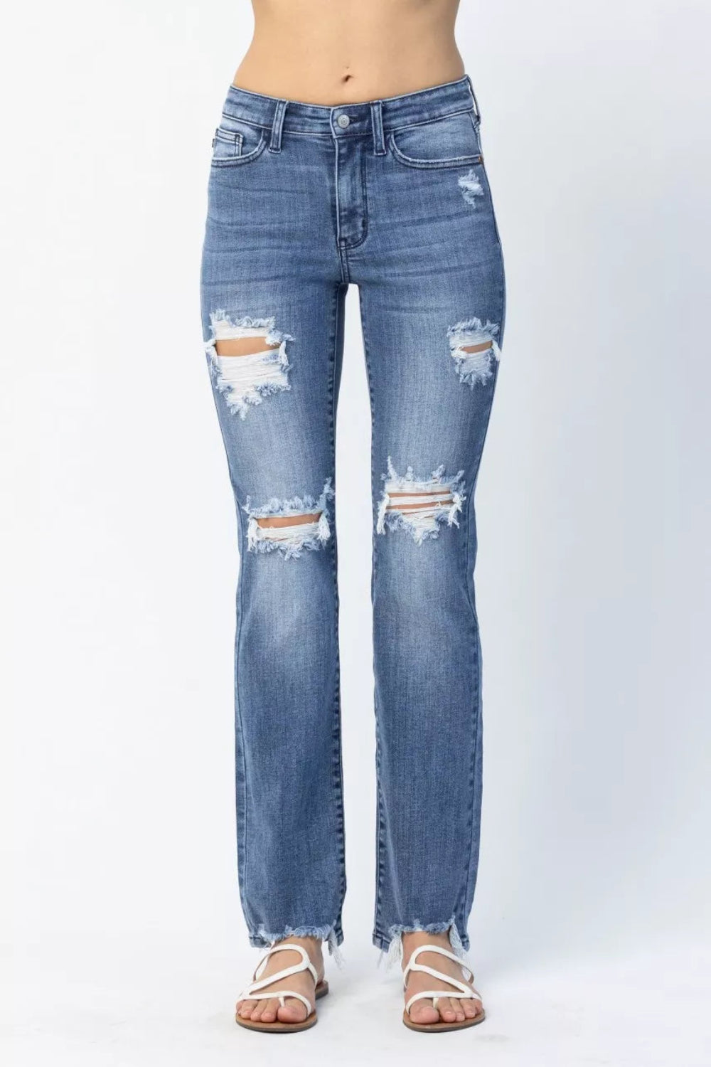 Judy Blue Jeans, full-size, mid-rise, distressed, raw hem, pocketed, belt loops, button/zipper closure, straight leg, medium wash, slightly stretchy, front view
