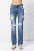 Judy Blue Jeans, full-size, mid-rise, distressed, raw hem, pocketed, belt loops, button/zipper closure, straight leg, medium wash, slightly stretchy, front view
