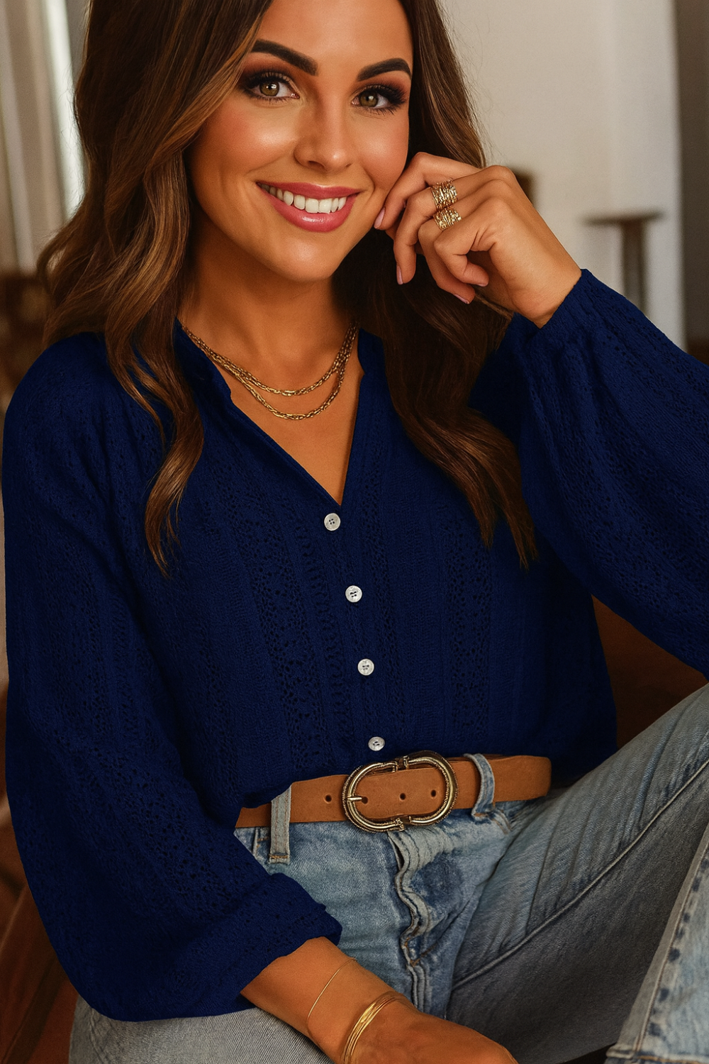 Shirt, long sleeve, crochet, ruffled v-neck, buttoned, unlined, slightly stretchy, front view