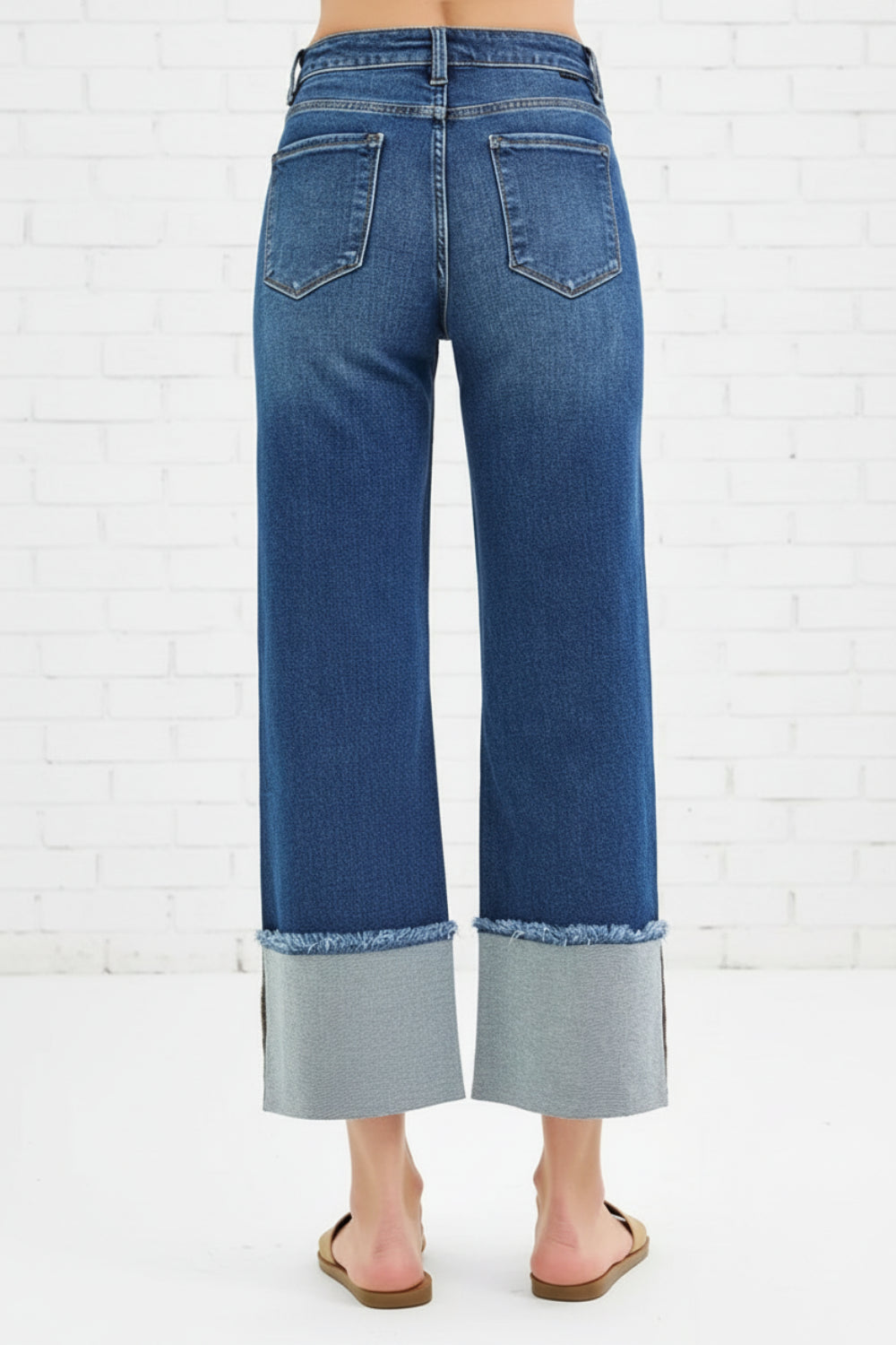Risen Jeans, full-size, mid-rise, cropped, raw hem, cuffed, wide leg, dark wash, belt loops, pocketed, button/zipper closure, slightly stretchy, back view