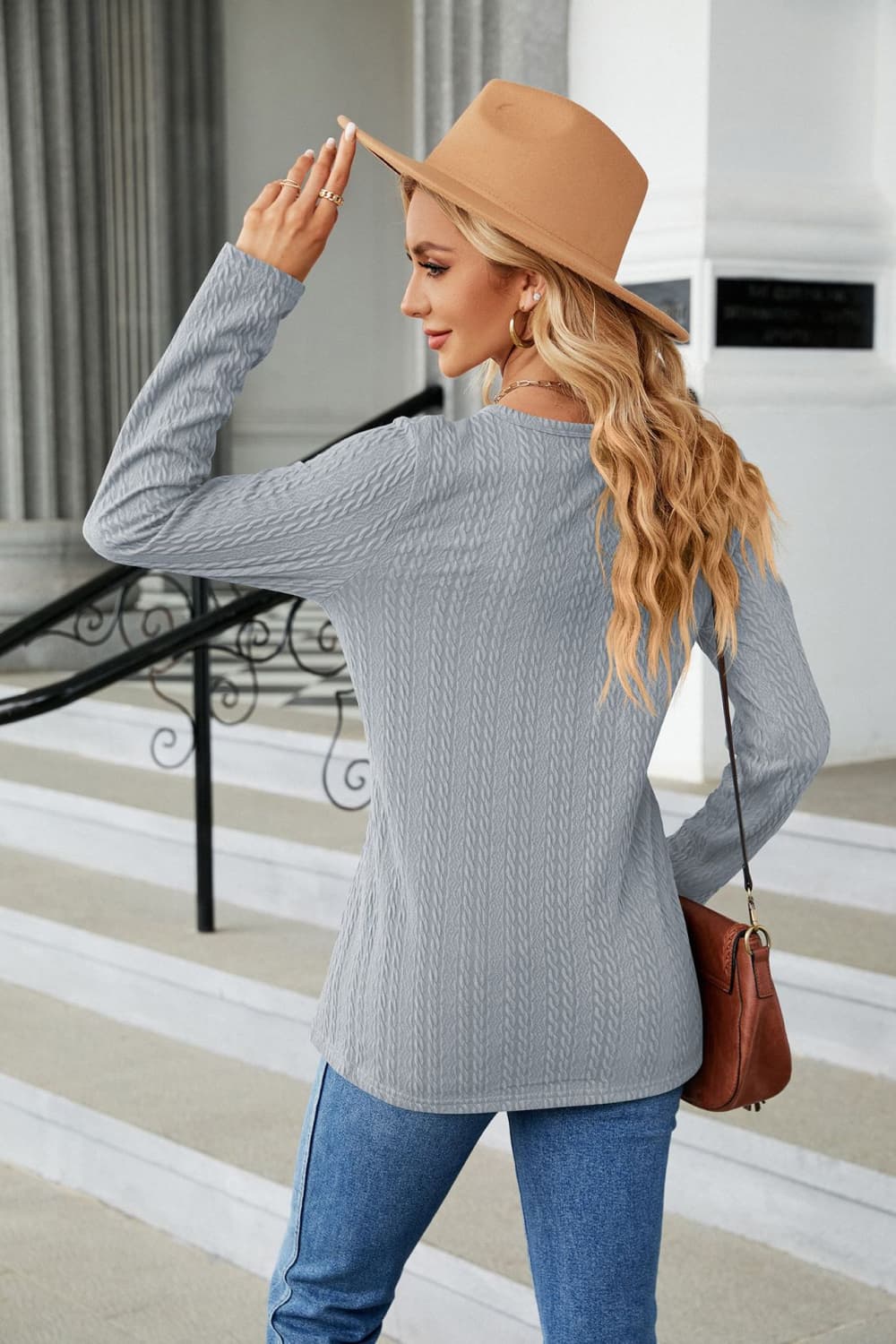 t-shirt, pullover, long sleeve, v-neck, cable-knit, buttoned, opaque, slightly stretchy, back view