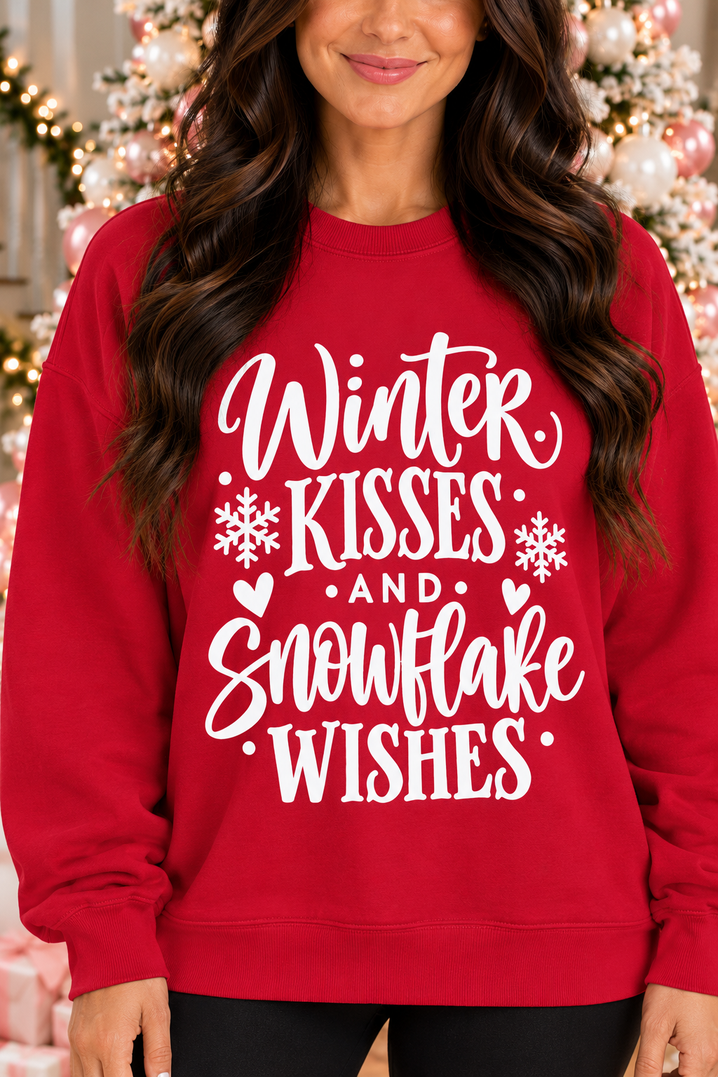 Wonderful Christmas Time Graphic Sweatshirt in white, modeled front view with colorful retro Christmas lettering and festive accents.