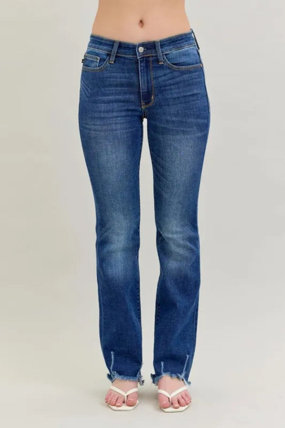 Judy Blue Jeans, full-size, mid-rise, vintage dark wash, 5-pocket design, relaxed fit, button-zip closure, distressed hem, subtle whiskering, bootcut, slightly stretchy, front view
