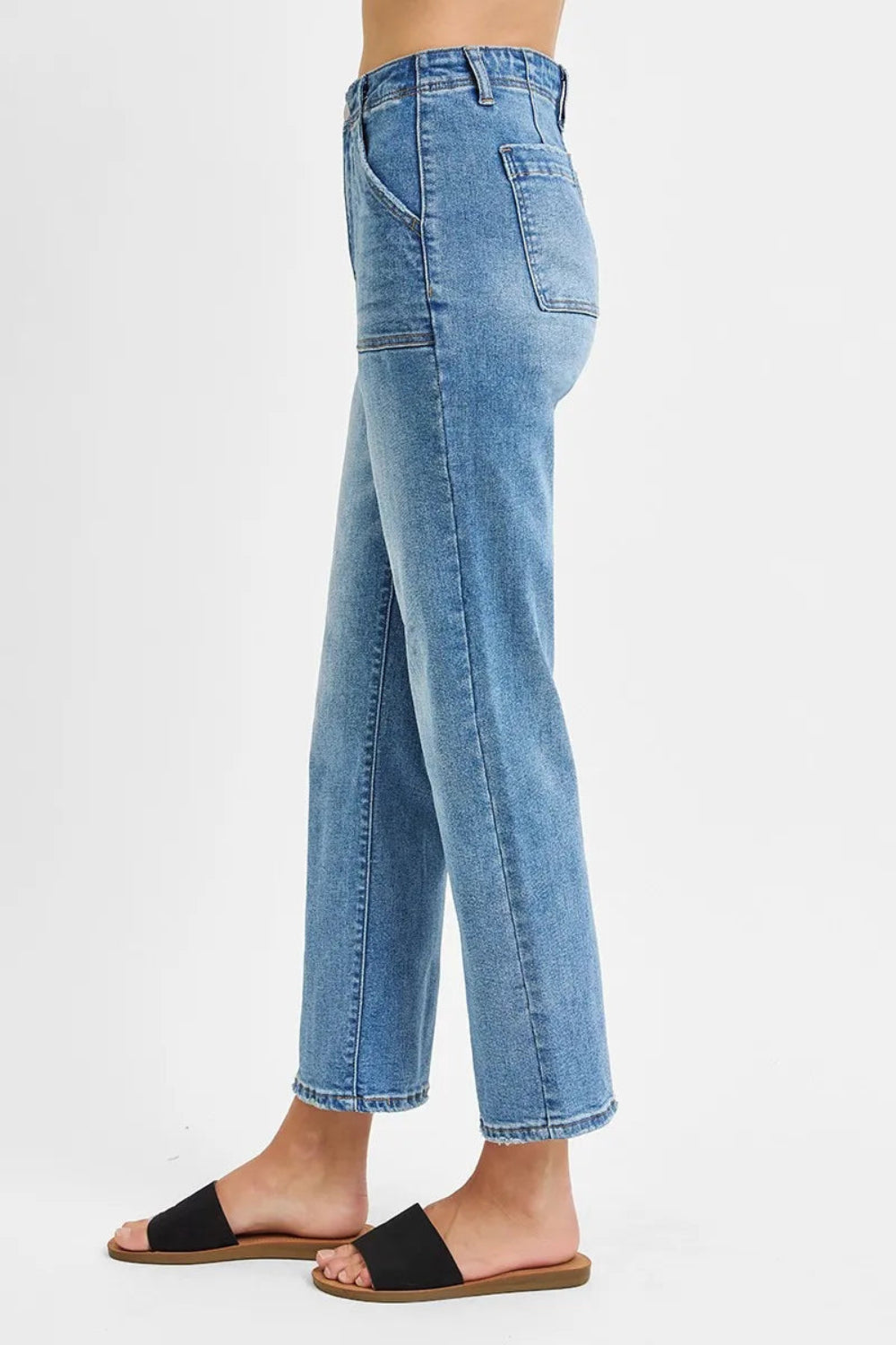 Risen Jeans, full-size, high-rise, cropped, bootcut, 5-pocket styling, vintage blue wash, front pocket detailing, stretchy, side view