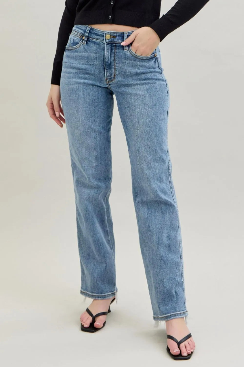 pocketed, raw hem, high-rise, straight leg, moderate stretch, medium wash dad Judy Blue Jeans front view