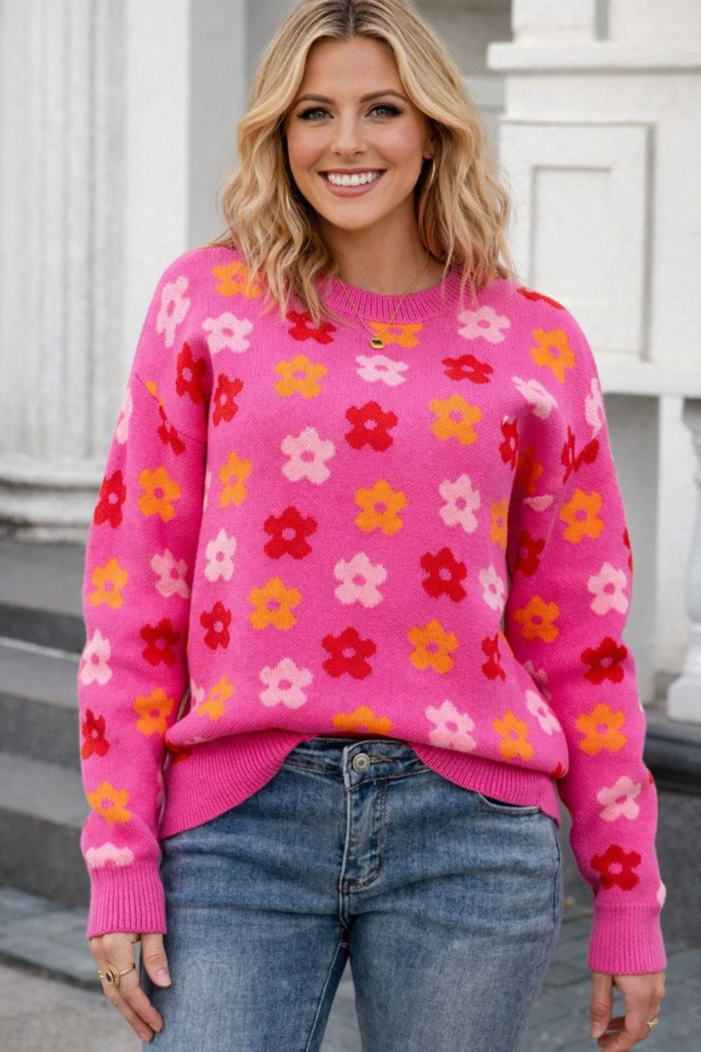 sweater, pullover, long sleeve, drop shoulder, round neck, flower print, ribbed trim, medium length, slightly stretchy, front view