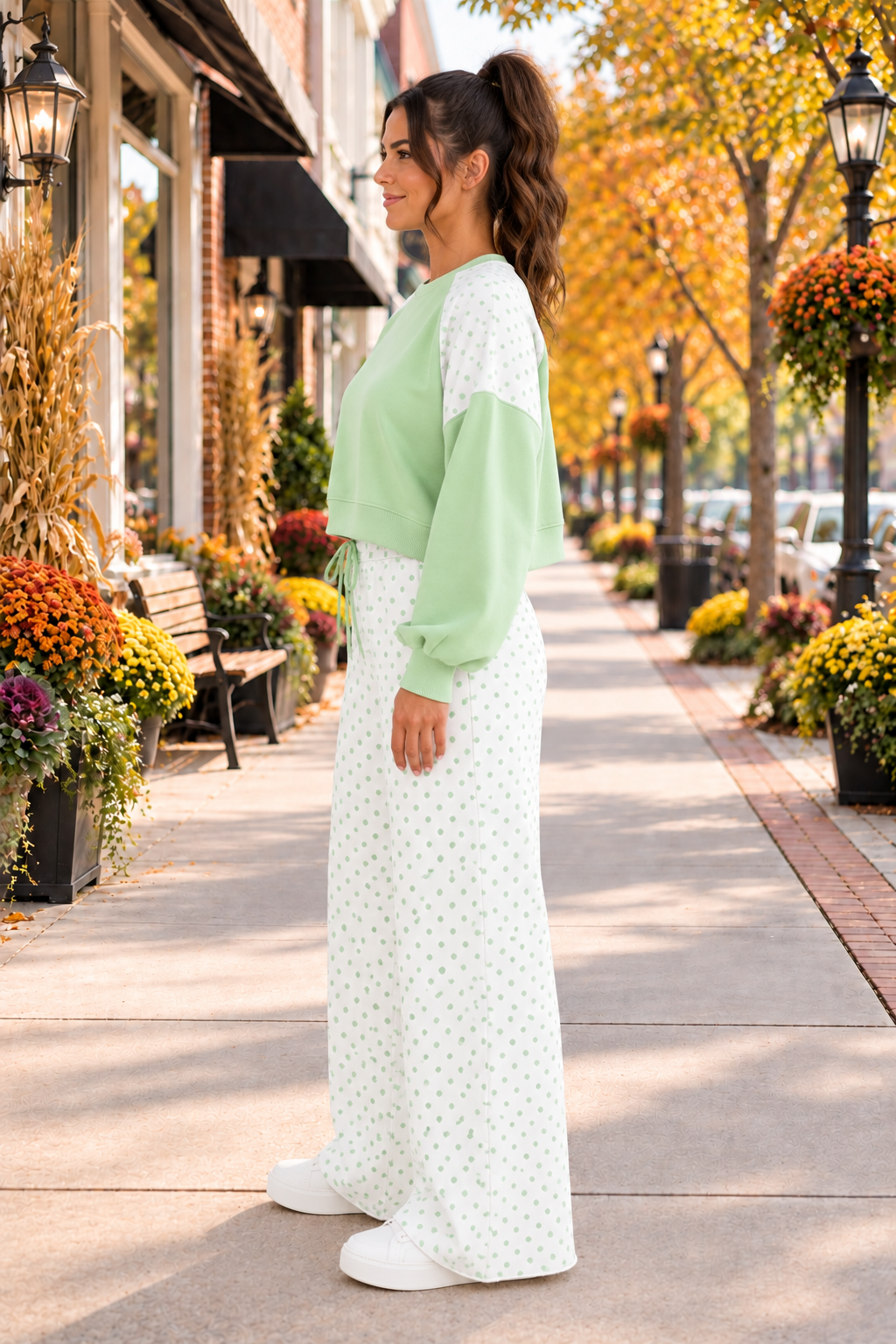 Social Club Pant Set with a light green cropped sweatshirt, polka-dot shoulder panels, and matching wide-leg drawstring pants side view.
