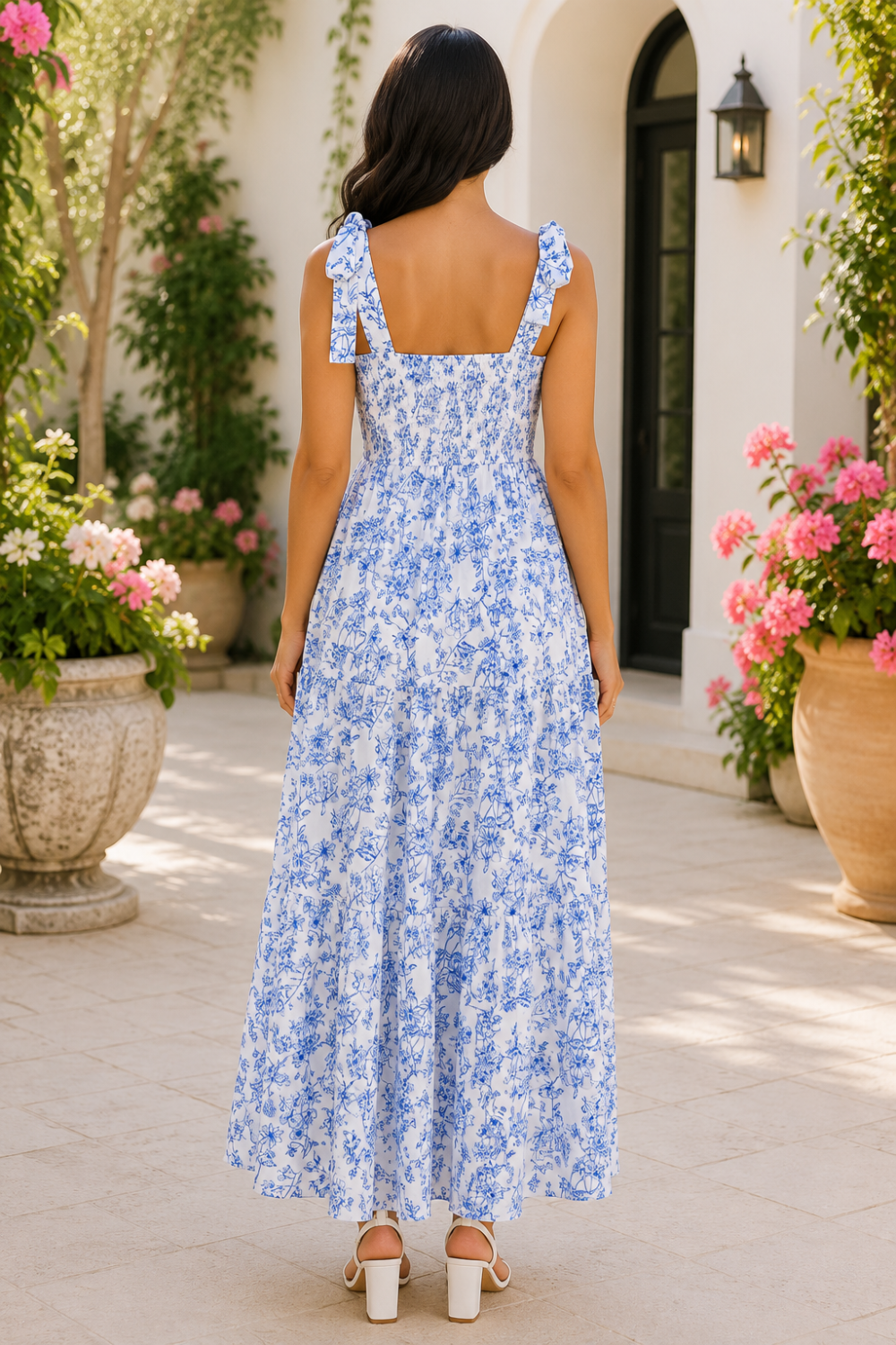 * Maxi length
* Tied shoulders
* Square neck
* High waist
* Floral Print
* Tiered
* Pocketed
* Unlined
* Slightly stretchy