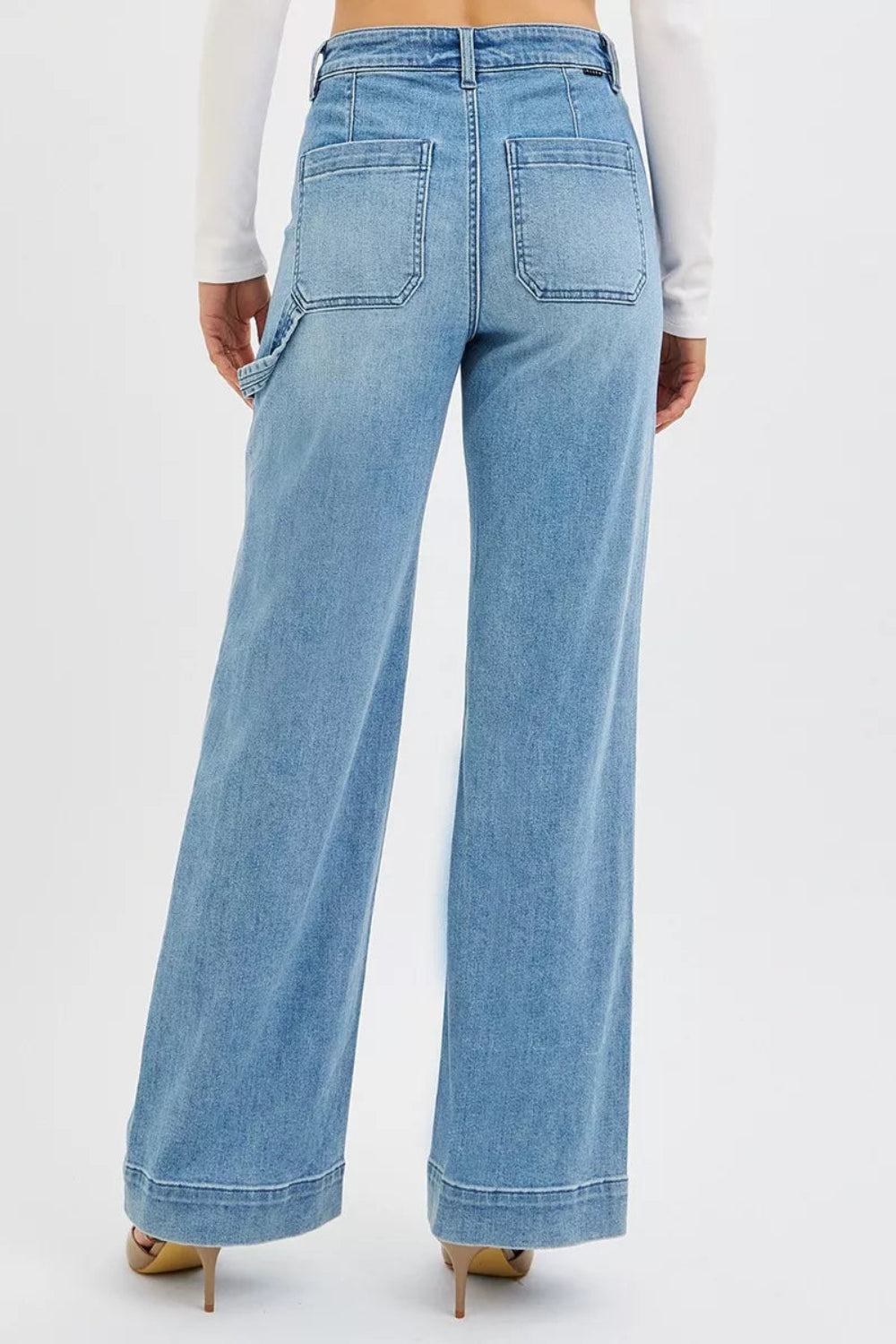 Risen Jeans, full-size, high-rise, straight let, light wash, front patch pockets, back pockets, long hem, button/zipper closure, belt loops, hammer loops on side, slightly stretchy, back view