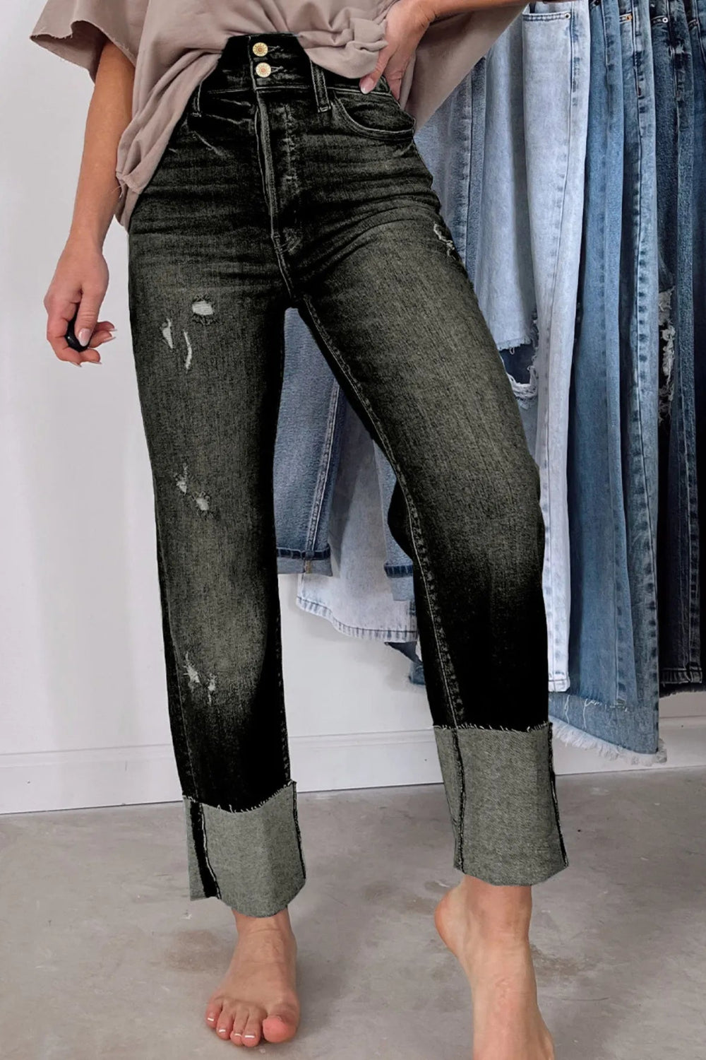 Jeans, straight leg, high-rise, distressed, pocketed, belt loops, raw hem, double button/zipper closure, slightly stretchy, front view