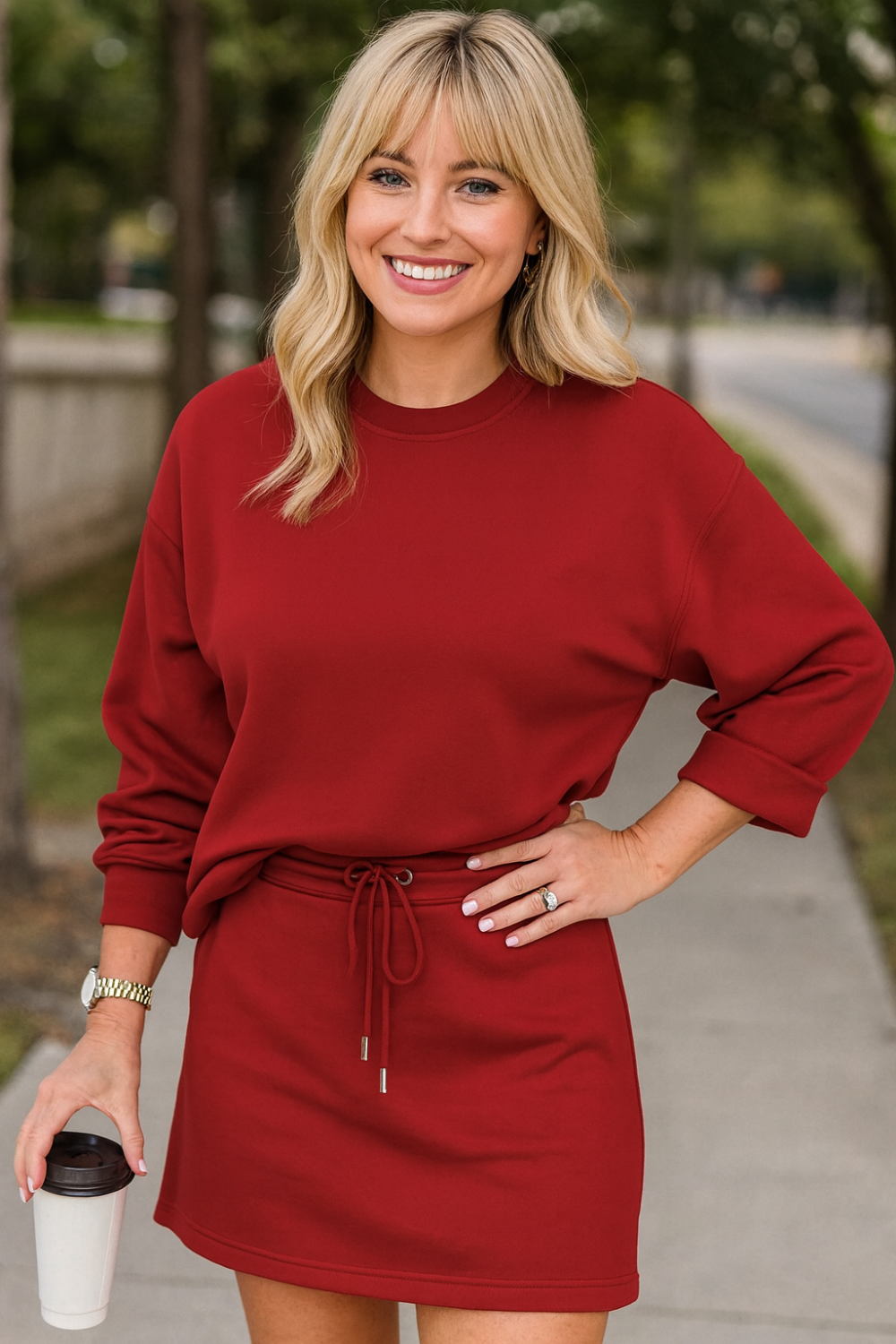 Mini skirt set, two-piece, round neck, drop shoulder, drawstring with aglets, waist with grommets for drawstring, pocketed, side slit, slightly stretchy, front view
