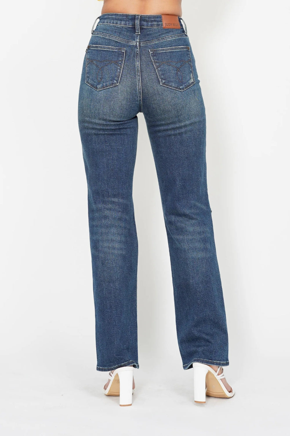 Judy Blue Jeans, full-size, high-rise, ripped knee, pocketed, distressed, straight leg, dad style, slightly stretchy back view