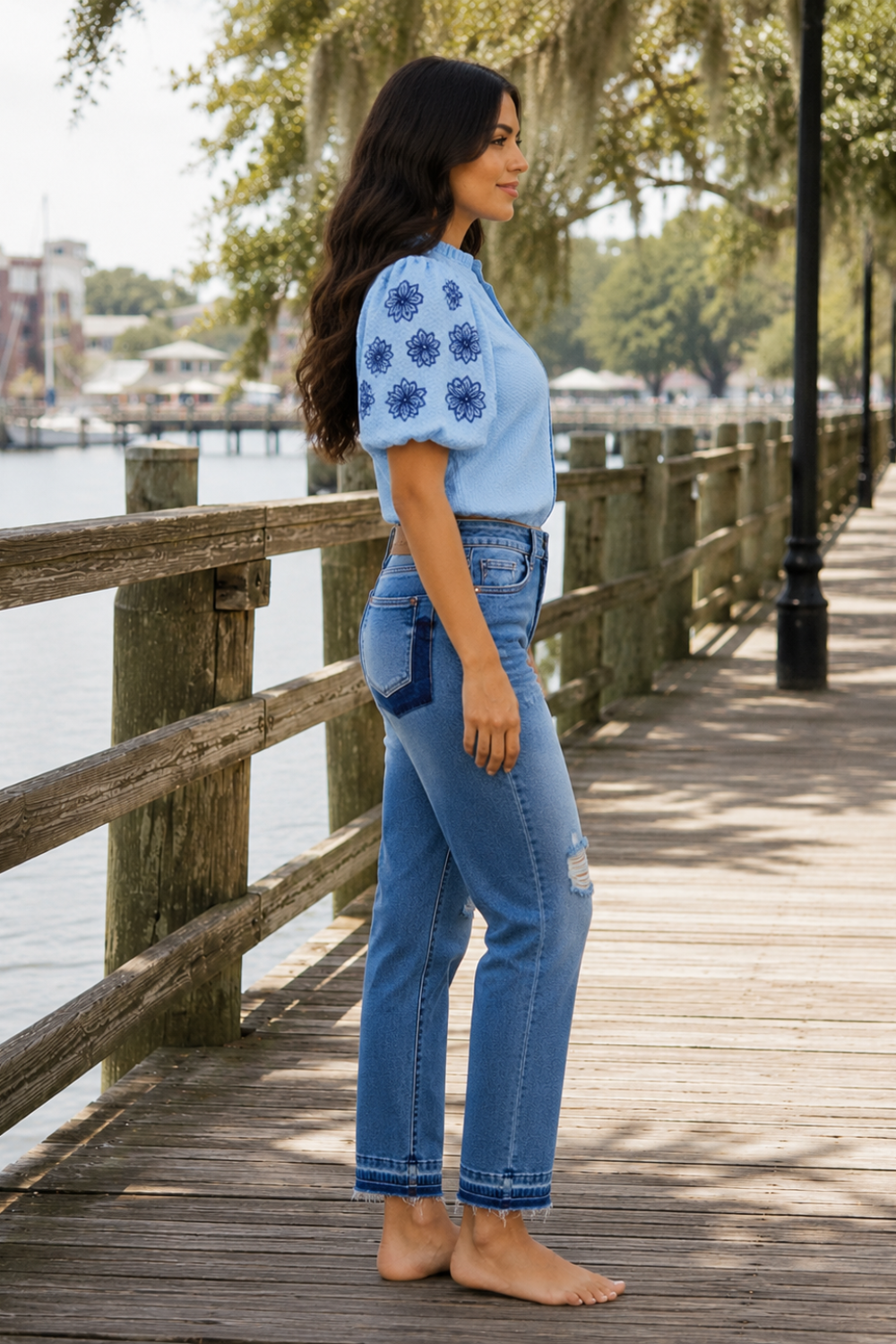 * Medium wash
* Full-size
* Mid-rise
* Boyfriend
* Patch & repair
* Distressed
* Pocketed
* Button/zipper closure
* Belt loops
* Release raw hem
* Stretchy