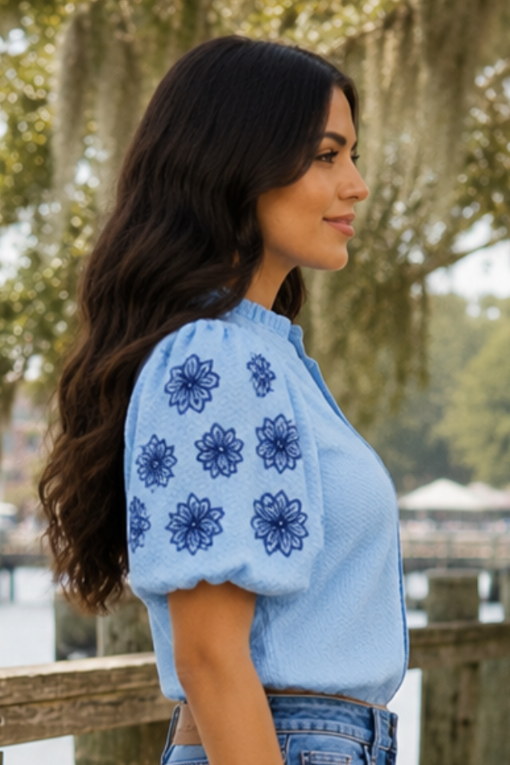 * Pullover
* V-neck
* Flower embroidered puff sleeve
* Textured
* Frill
* No stretch