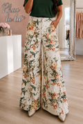 * Vintage floral print jeans
* High waist
* Button/zipper closure
* Belt loops
* Front/back pockets
* Elastic waist in back
* Wide leg
* Ruffled
* Slightly stretchy