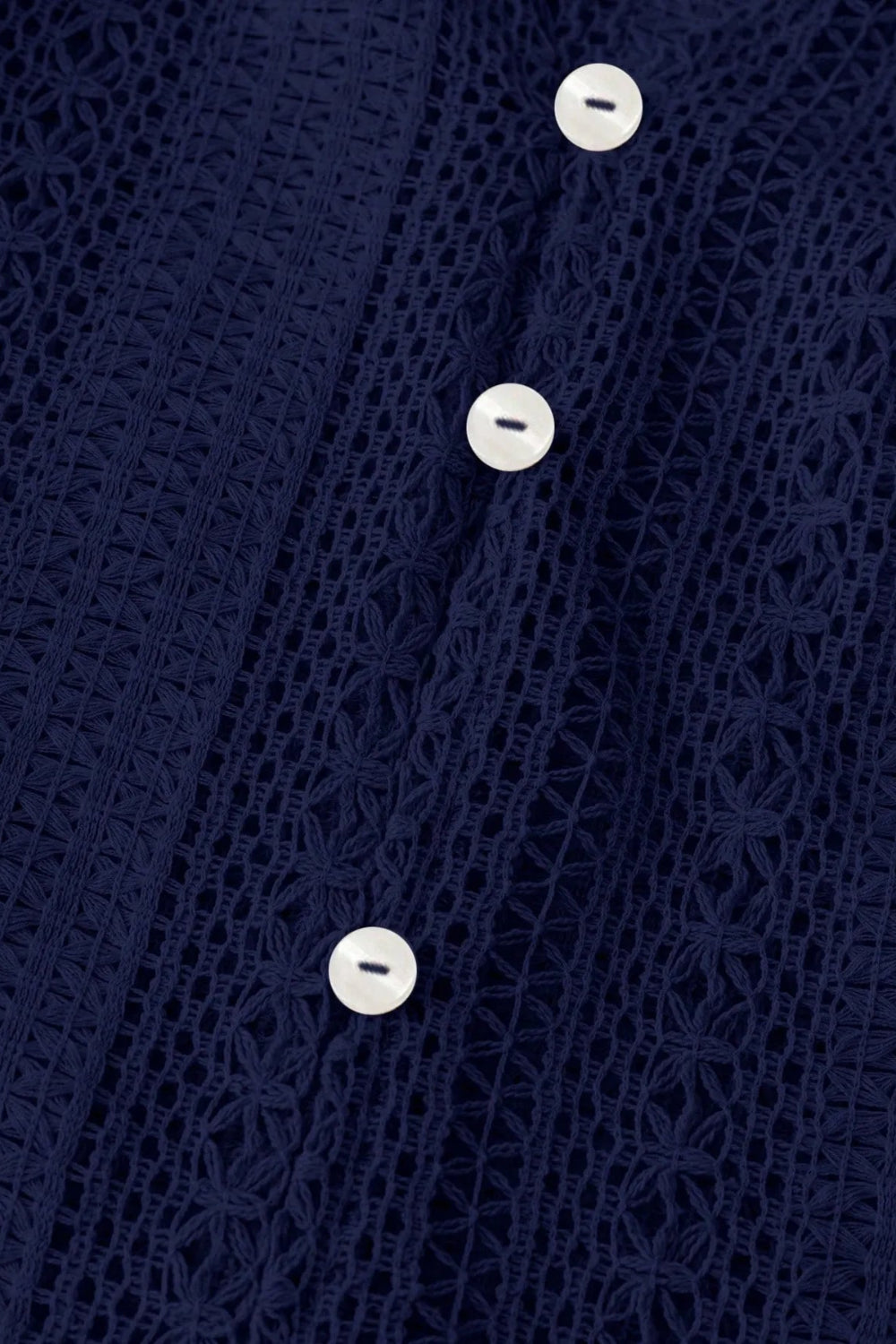 Shirt, long sleeve, crochet, ruffled v-neck, buttoned, unlined, slightly stretchy, close up view
