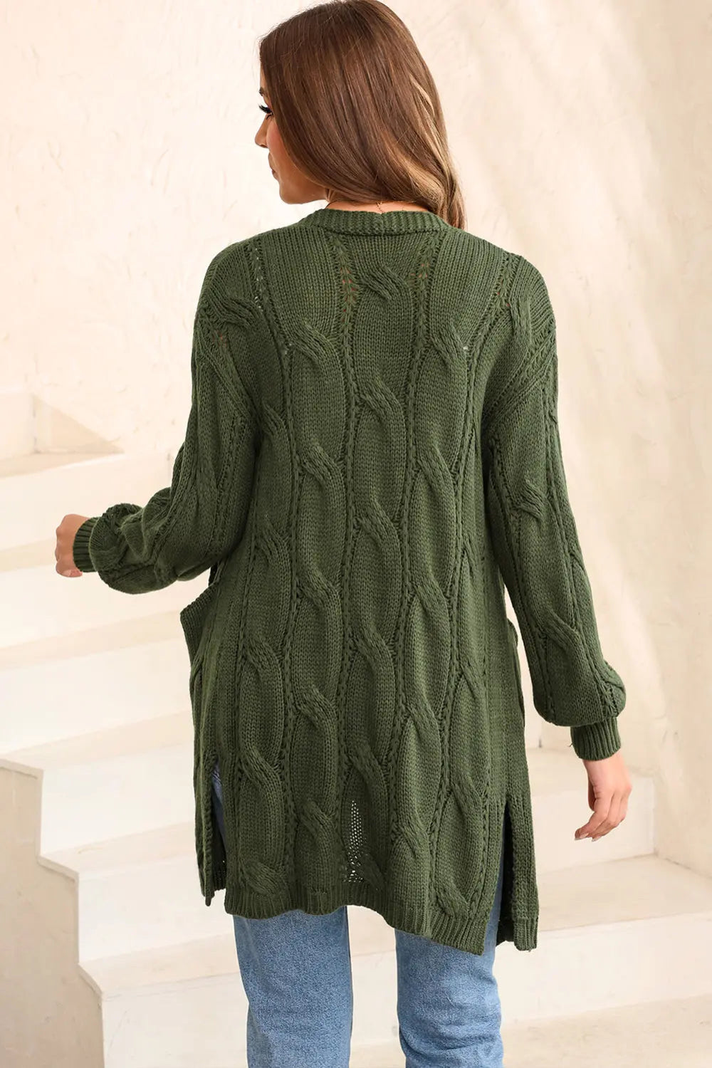 Cardigan, long sleeve, drop shoulder, open front, cable-knit, side slit, openwork, no buttons, pocketed, stretchy back view
