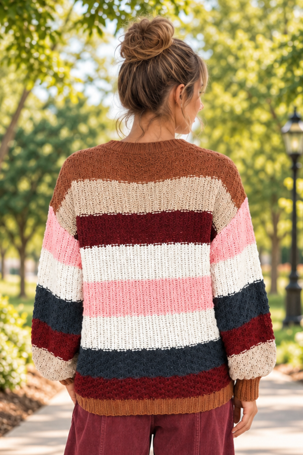 * Sweater
* Striped knit
* Round neck
* Long sleeve
* Drop shoulder
* Ribbed
* Stretchy 