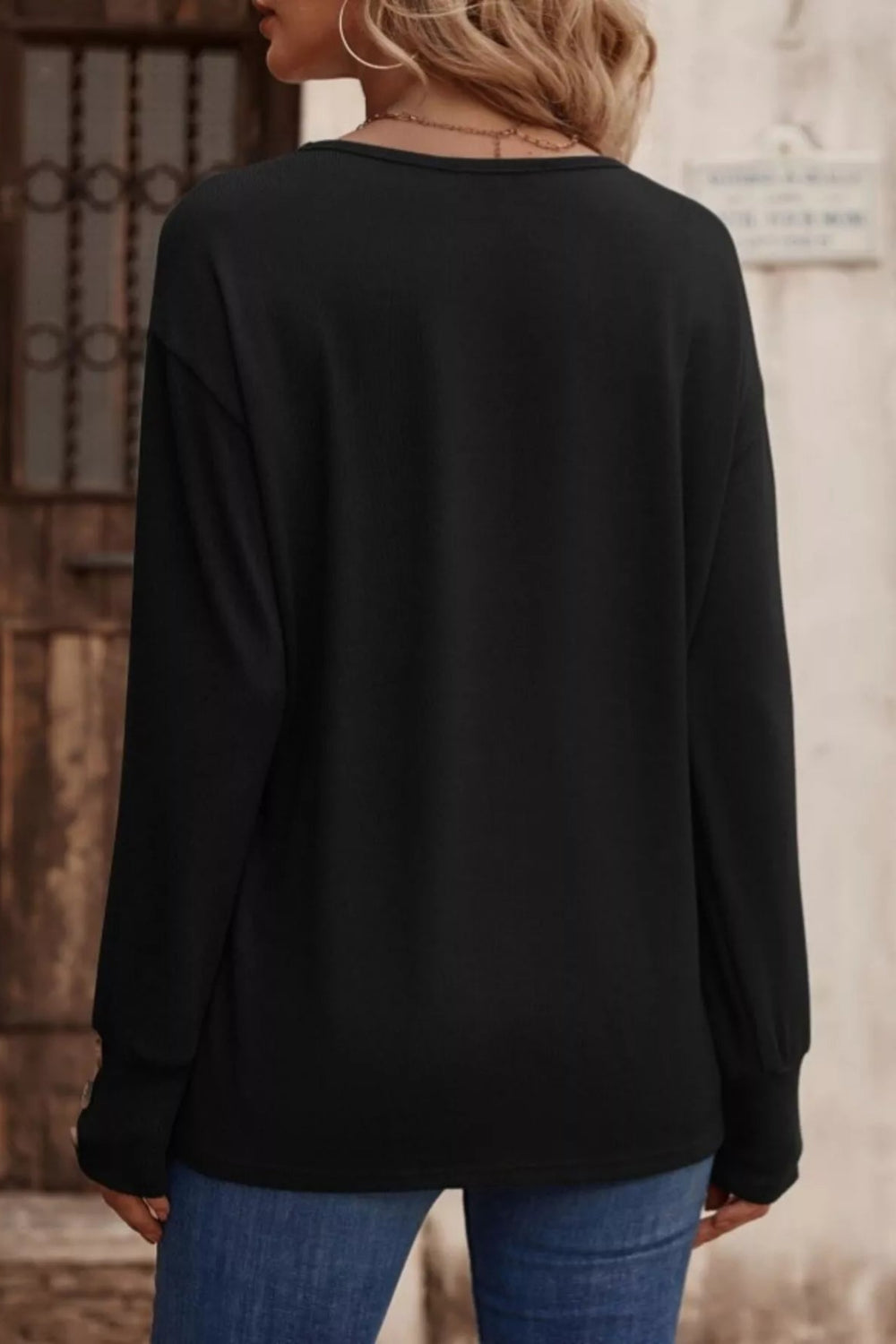 top, long sleeve, drop shoulder, v-neck, pullover, decorative buttons, straight hem, comes in many colors, stretchy, back view