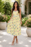 * Midi dress
* Shoulder tie
* Smocked
* High-waist
* Contrast trim
* Scalloped neckline, waist, & hem
* Unlined
* Slightly stretchy
